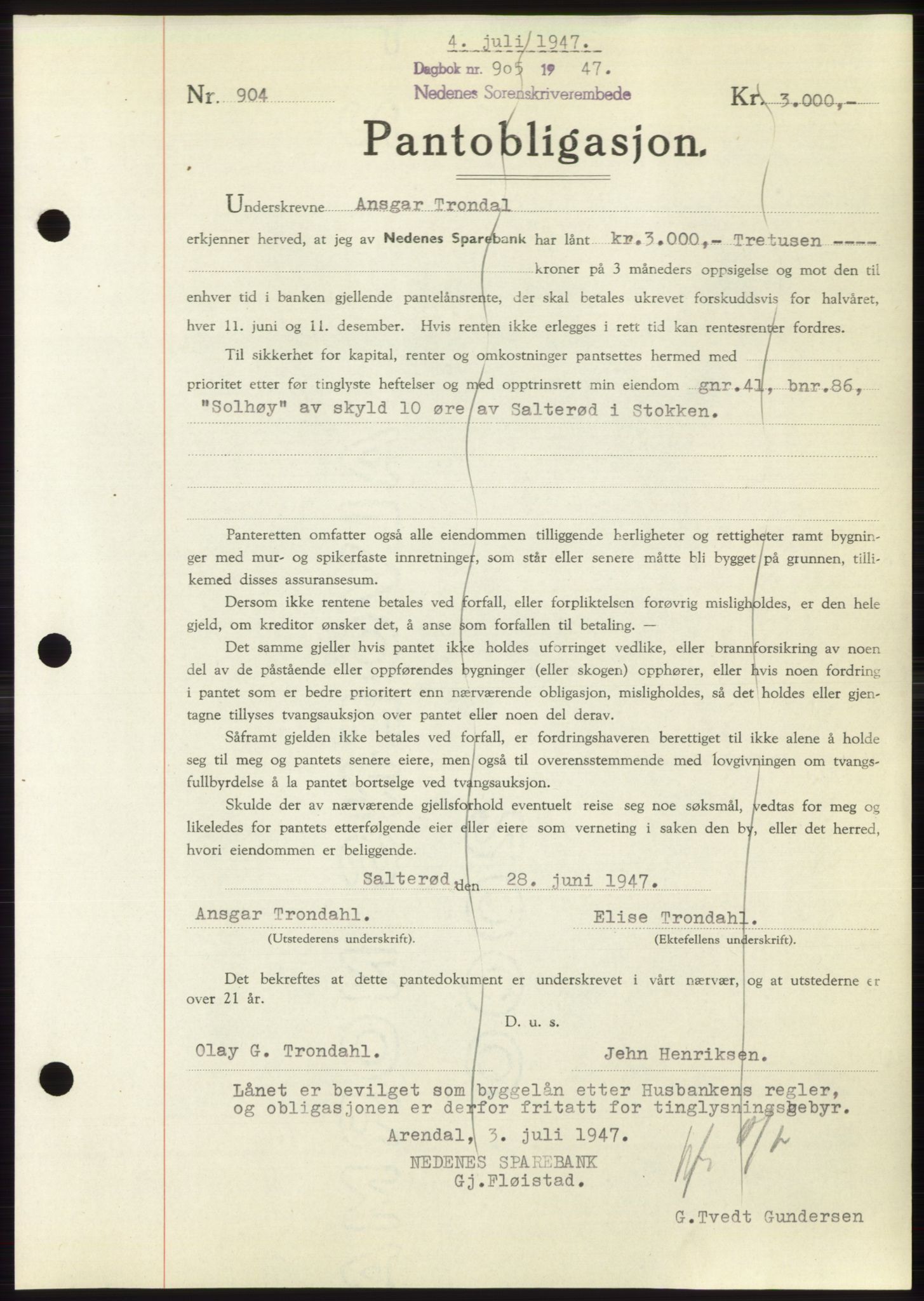 Nedenes sorenskriveri, SAK/1221-0006/G/Gb/Gbb/L0004: Mortgage book no. B4, 1947-1947, Diary no: : 905/1947