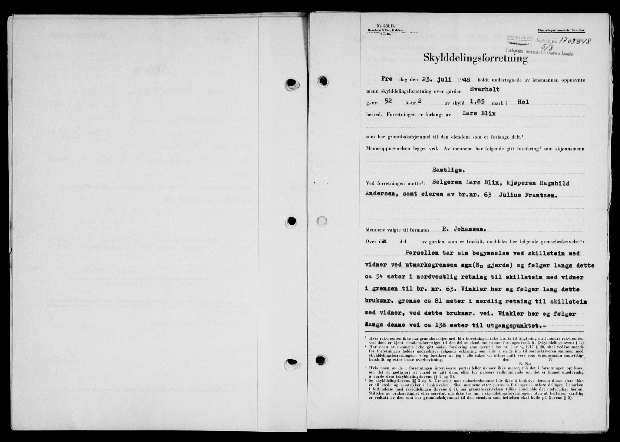 Lofoten sorenskriveri, SAT/A-0017/1/2/2C/L0019a: Mortgage book no. 19a, 1948-1948, Diary no: : 1703/1948