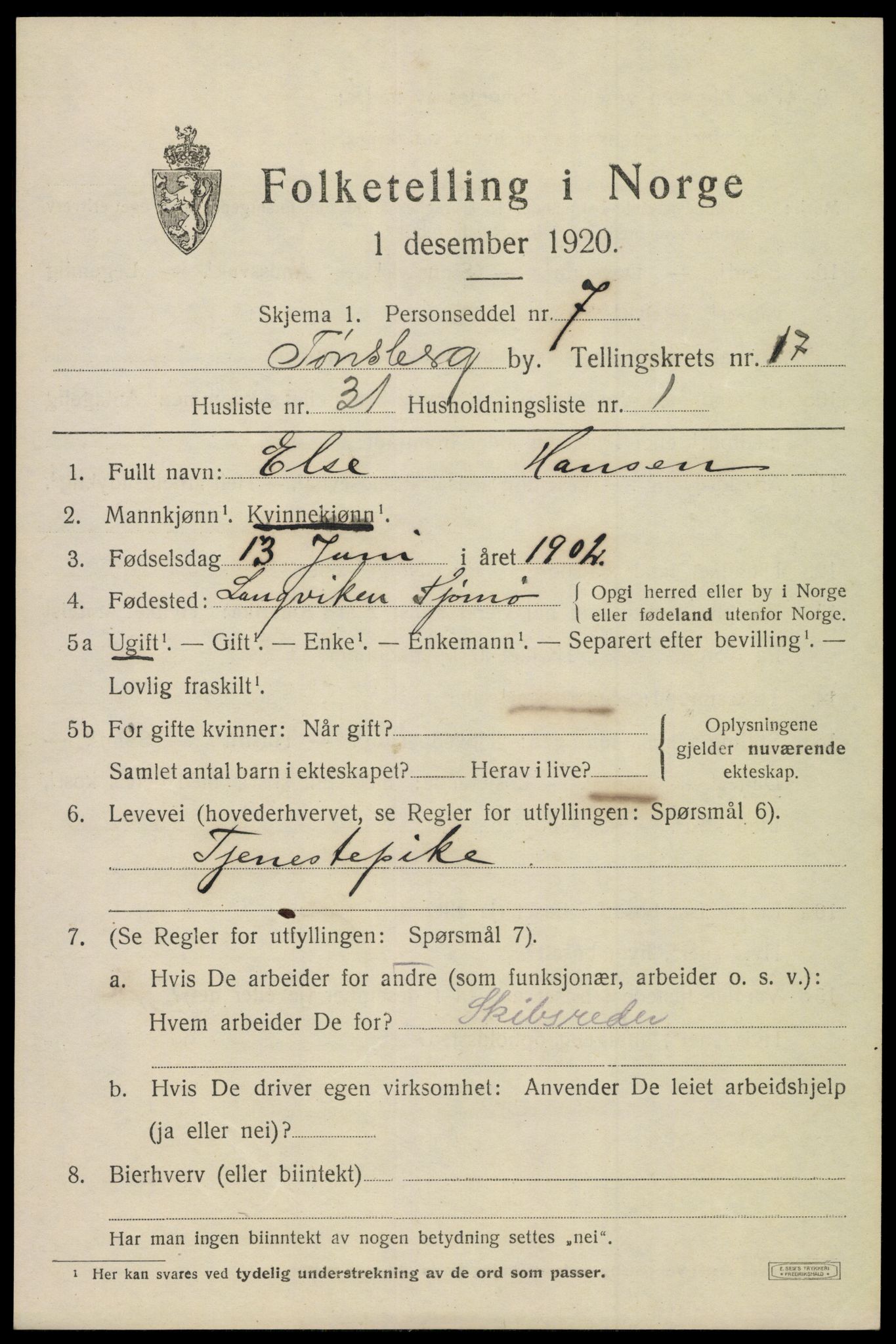 SAKO, 1920 census for Tønsberg, 1920, p. 26555