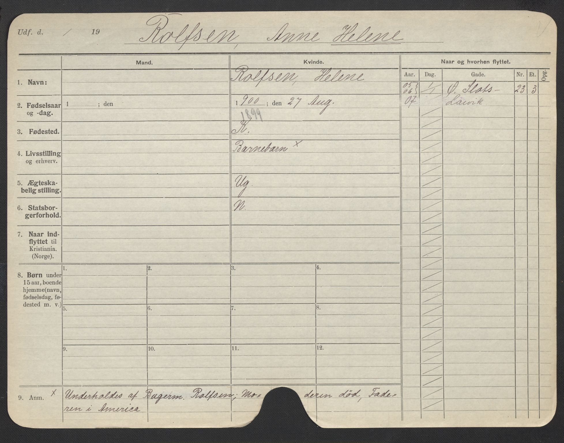 Oslo folkeregister, Registerkort, AV/SAO-A-11715/F/Fa/Fac/L0023: Kvinner, 1906-1914, p. 250a