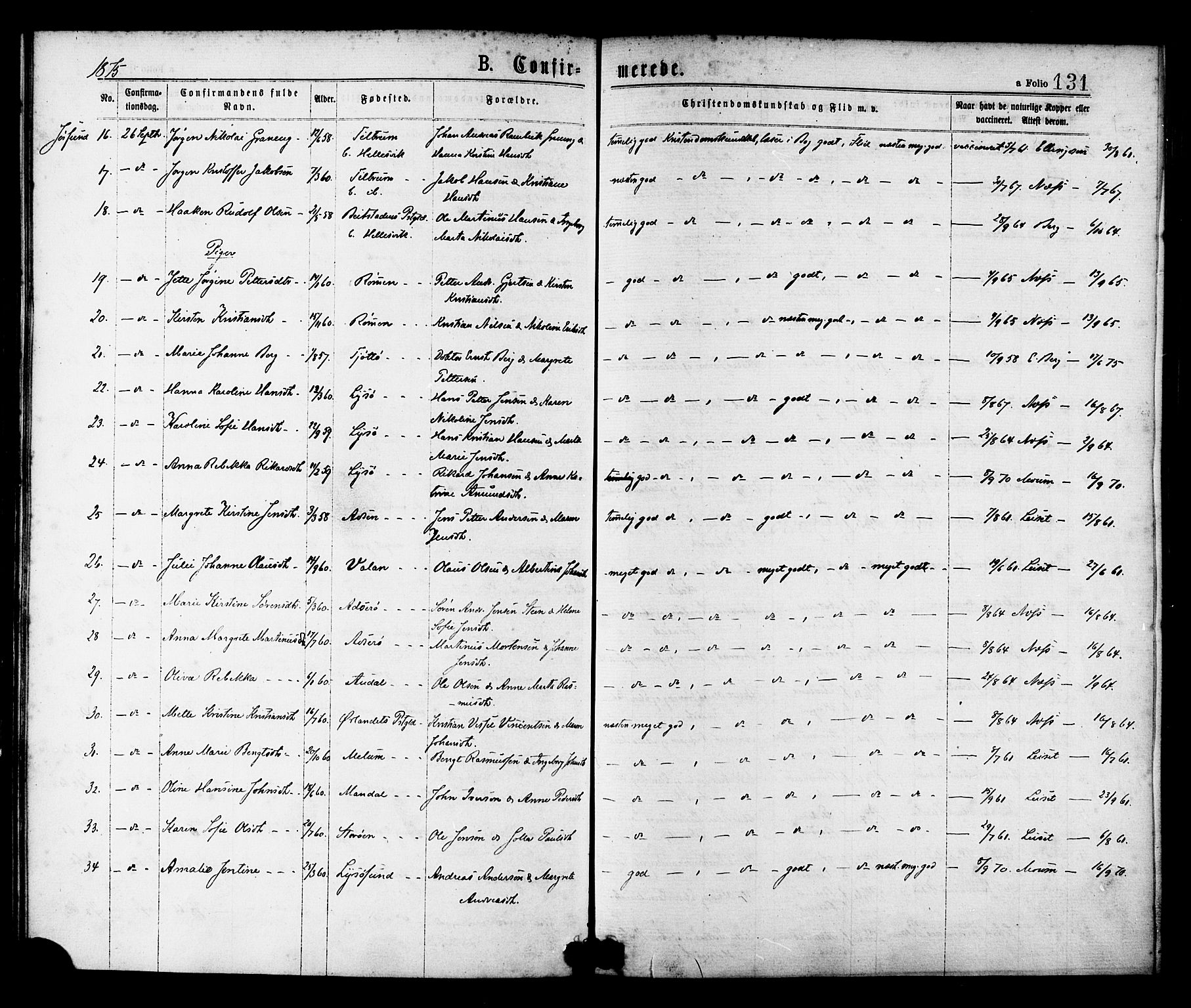Ministerialprotokoller, klokkerbøker og fødselsregistre - Sør-Trøndelag, SAT/A-1456/655/L0679: Parish register (official) no. 655A08, 1873-1879, p. 131