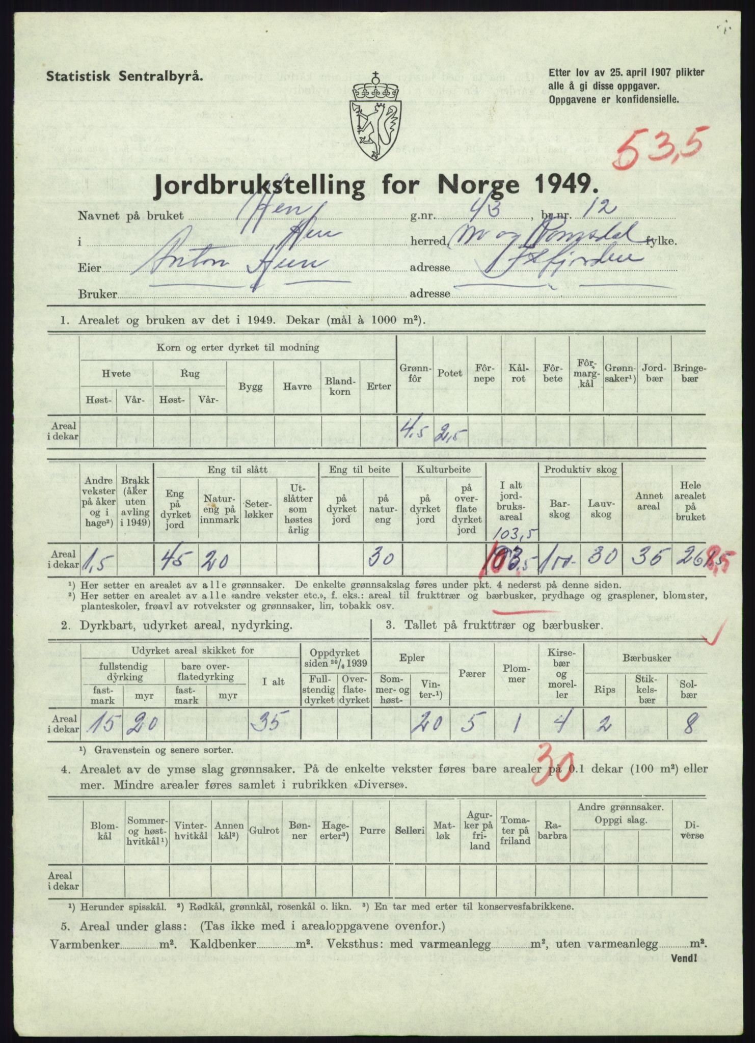 Statistisk sentralbyrå, Næringsøkonomiske emner, Jordbruk, skogbruk, jakt, fiske og fangst, AV/RA-S-2234/G/Gc/L0323: Møre og Romsdal: Grytten og Hen, 1949, p. 865