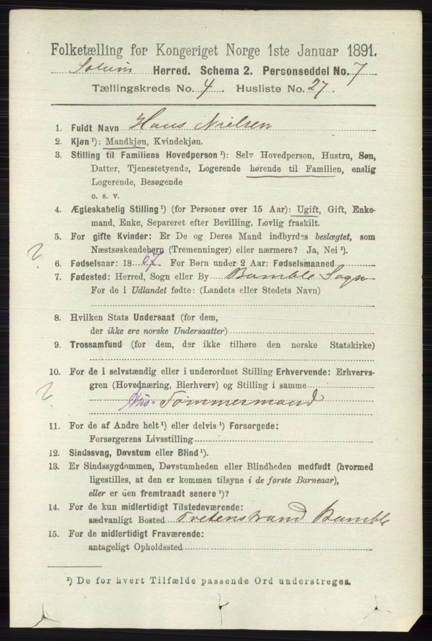 RA, 1891 census for 0818 Solum, 1891, p. 788