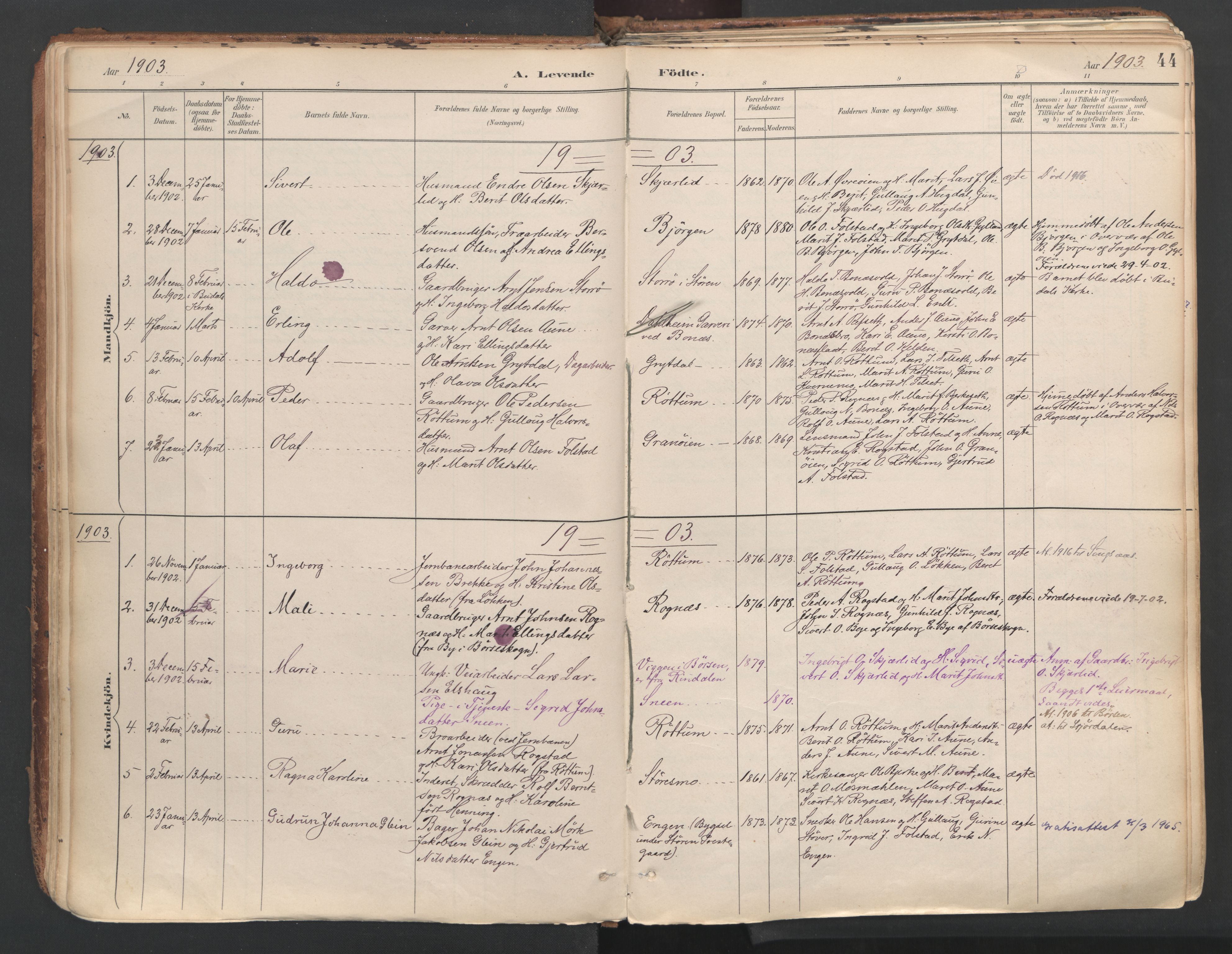 Ministerialprotokoller, klokkerbøker og fødselsregistre - Sør-Trøndelag, SAT/A-1456/687/L1004: Parish register (official) no. 687A10, 1891-1923, p. 44
