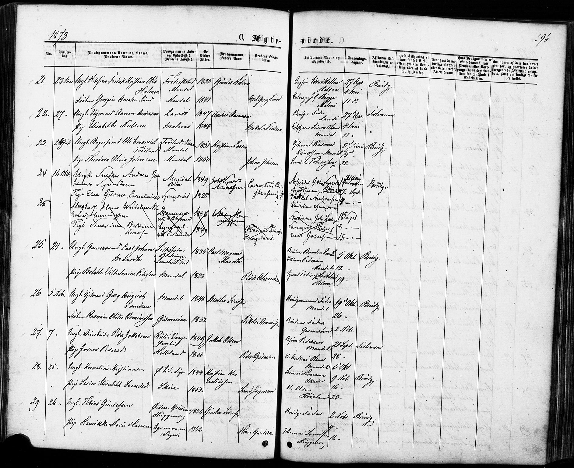 Mandal sokneprestkontor, AV/SAK-1111-0030/F/Fa/Faa/L0015: Parish register (official) no. A 15, 1873-1879, p. 196