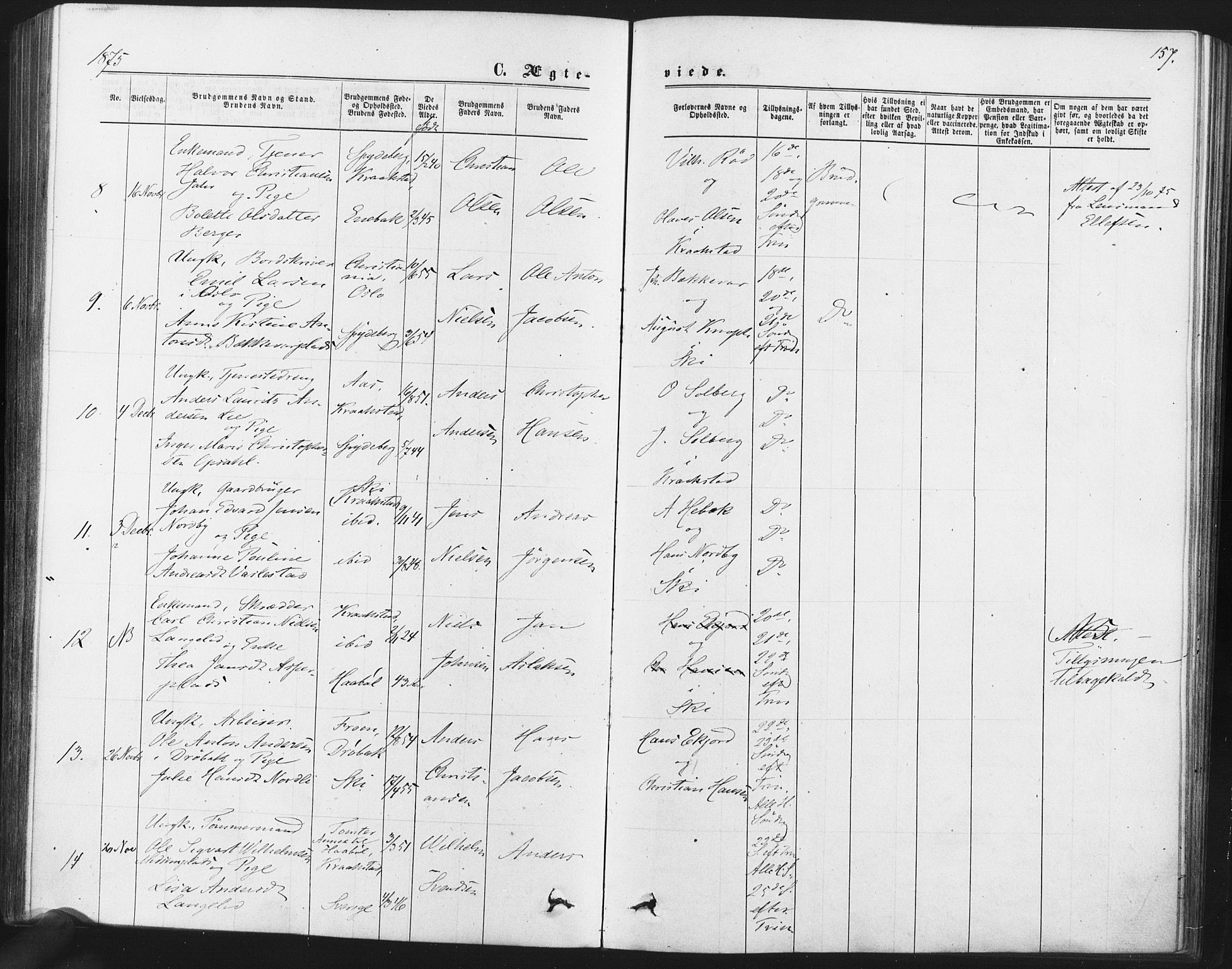 Kråkstad prestekontor Kirkebøker, SAO/A-10125a/F/Fa/L0008: Parish register (official) no. I 8, 1870-1879, p. 157