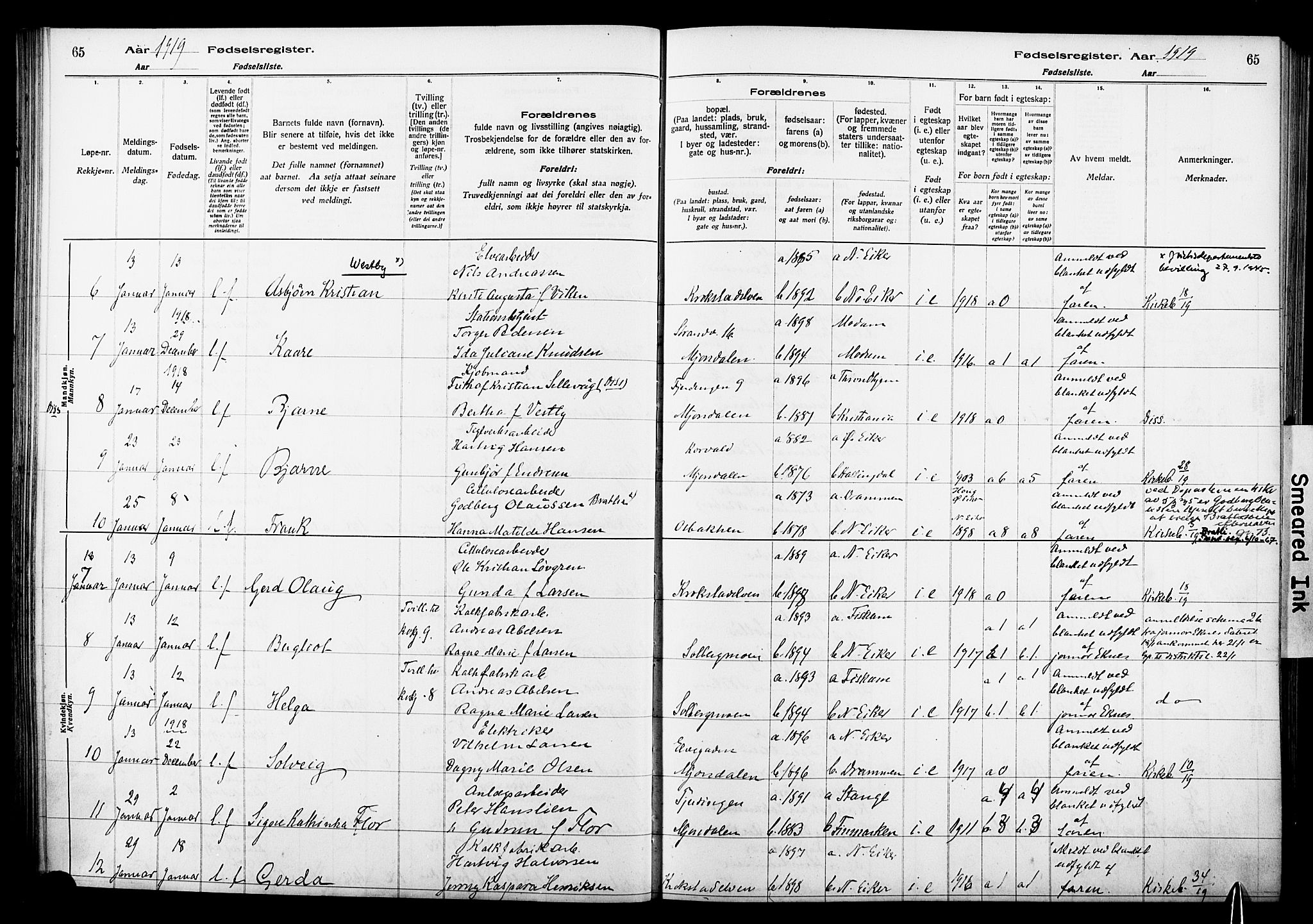 Nedre Eiker kirkebøker, AV/SAKO-A-612/J/Ja/L0001: Birth register no. 1, 1916-1925, p. 65