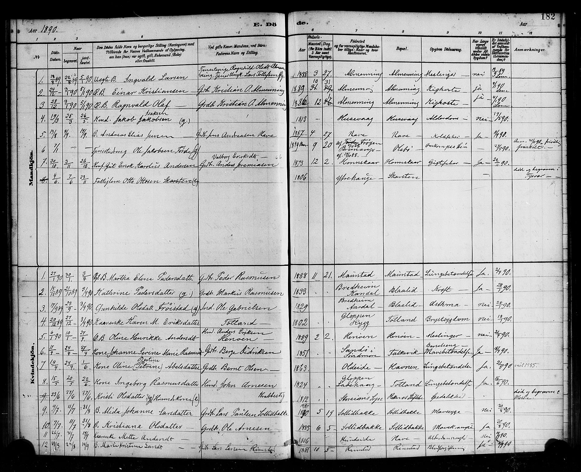 Davik sokneprestembete, AV/SAB-A-79701/H/Haa/Haad/L0001: Parish register (official) no. D 1, 1882-1900, p. 182