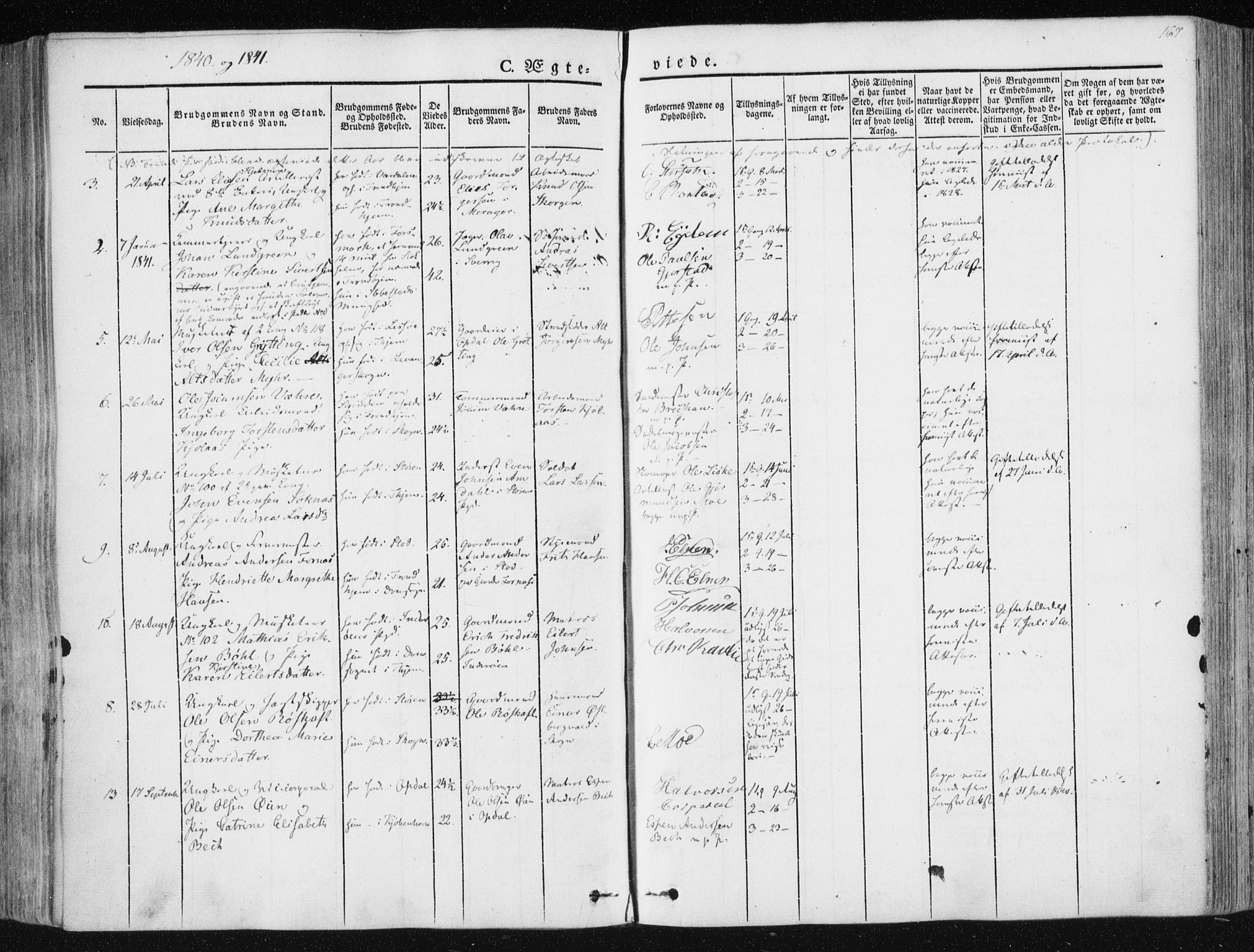 Ministerialprotokoller, klokkerbøker og fødselsregistre - Sør-Trøndelag, SAT/A-1456/602/L0110: Parish register (official) no. 602A08, 1840-1854, p. 167