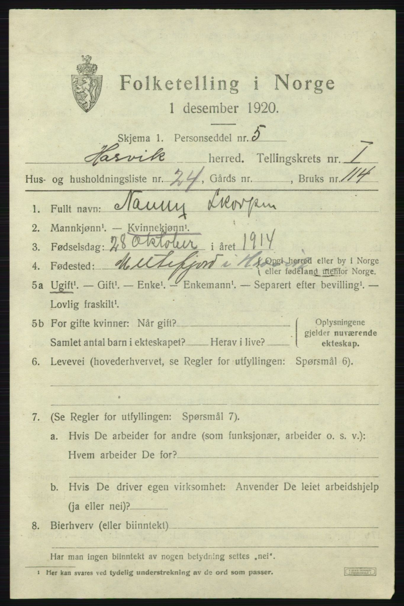 SATØ, 1920 census for Hasvik, 1920, p. 897