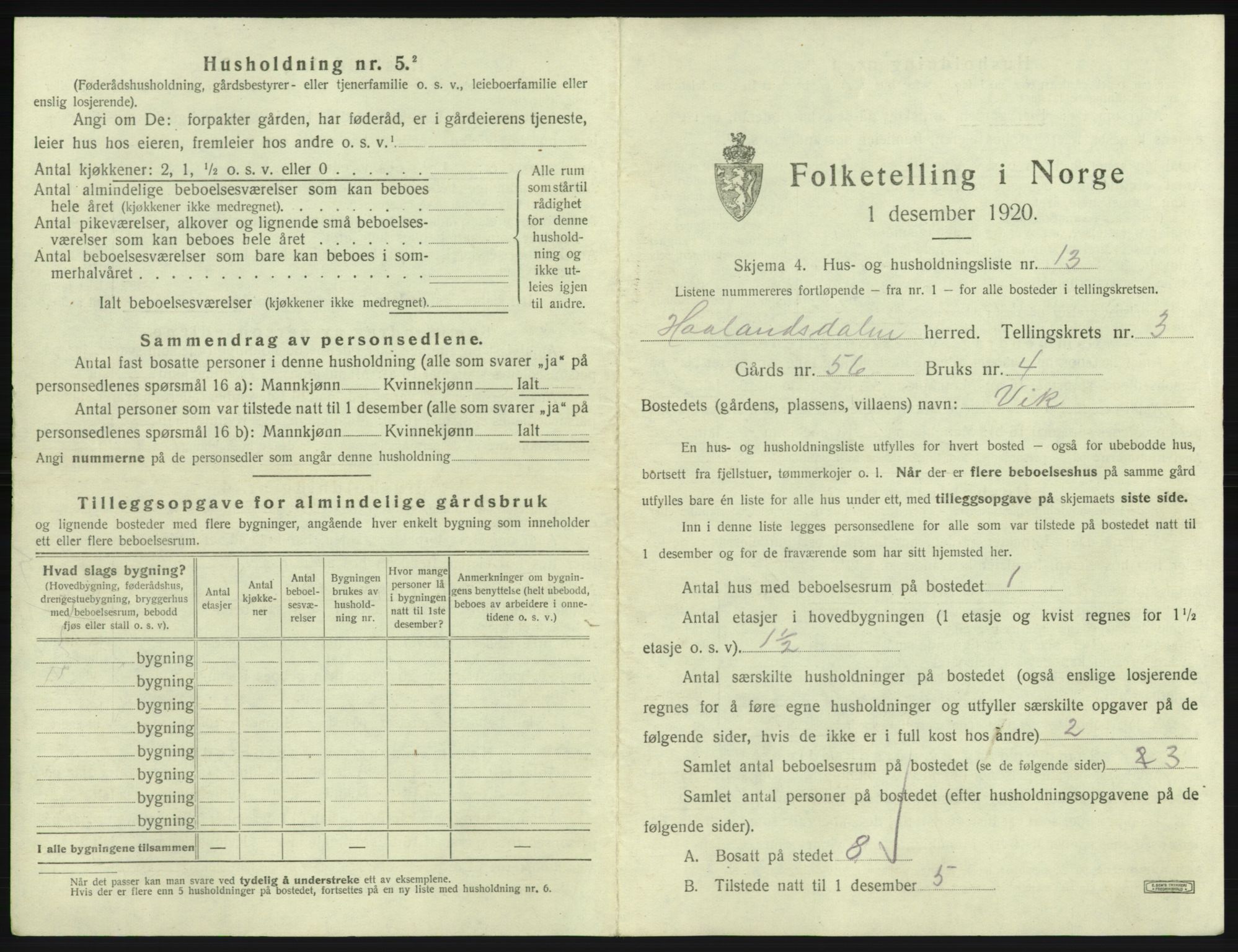 SAB, 1920 census for Hålandsdal, 1920, p. 119