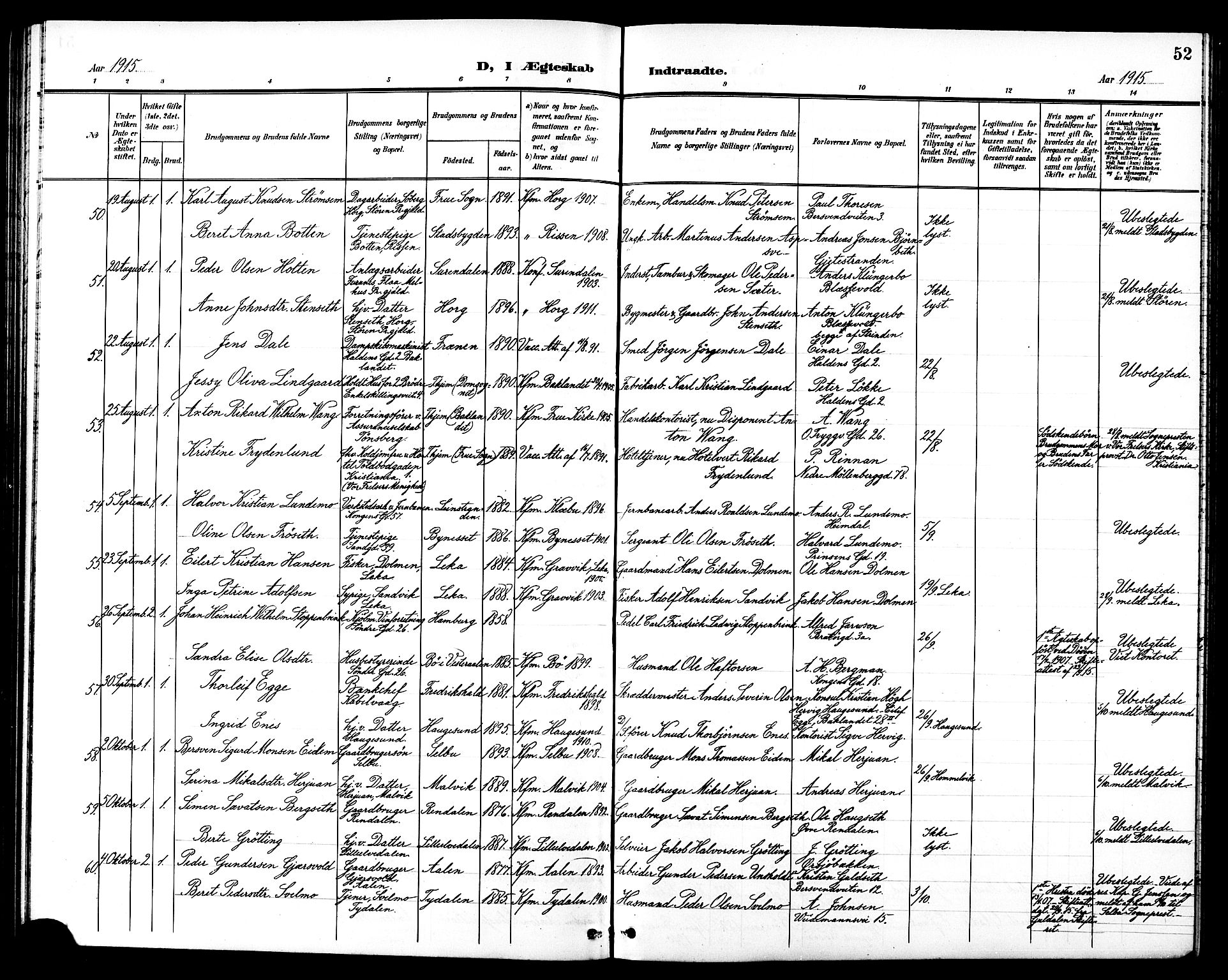 Ministerialprotokoller, klokkerbøker og fødselsregistre - Sør-Trøndelag, AV/SAT-A-1456/602/L0145: Parish register (copy) no. 602C13, 1902-1919, p. 52