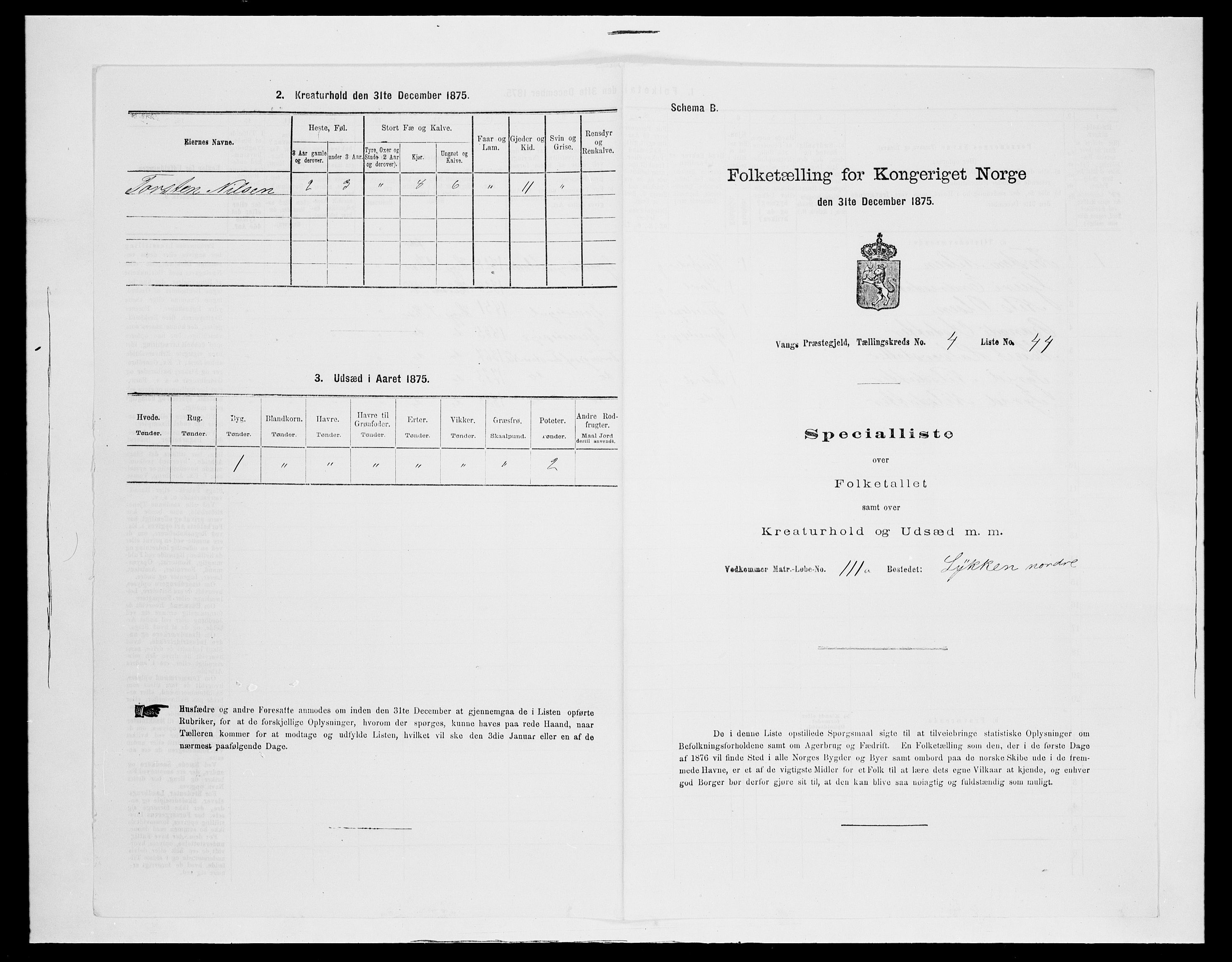 SAH, 1875 census for 0545P Vang, 1875, p. 431