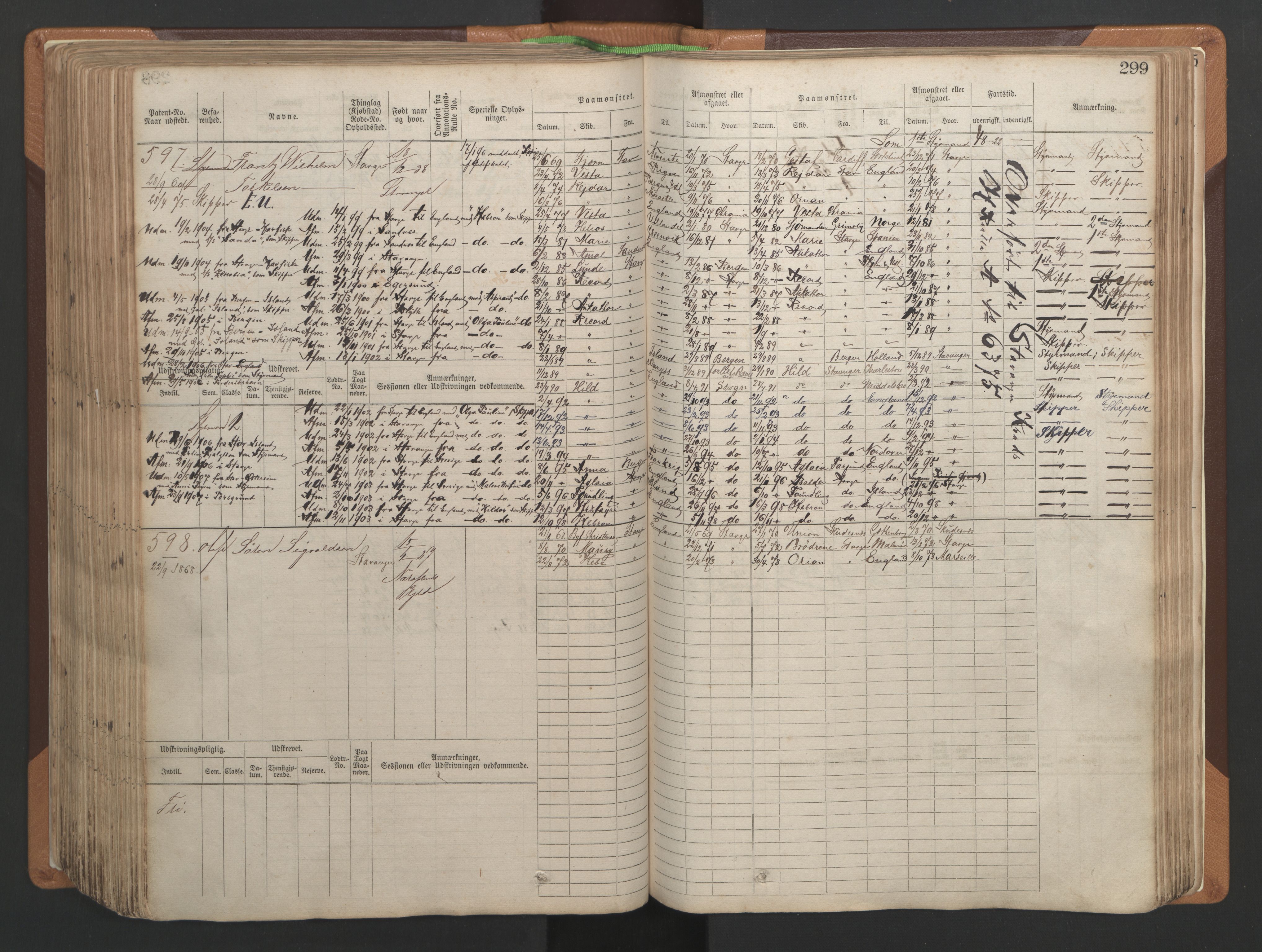 Stavanger sjømannskontor, AV/SAST-A-102006/F/Fb/Fbb/L0004: Sjøfartshovedrulle, patentnr. 1-792 (del 1), 1869-1880, p. 305