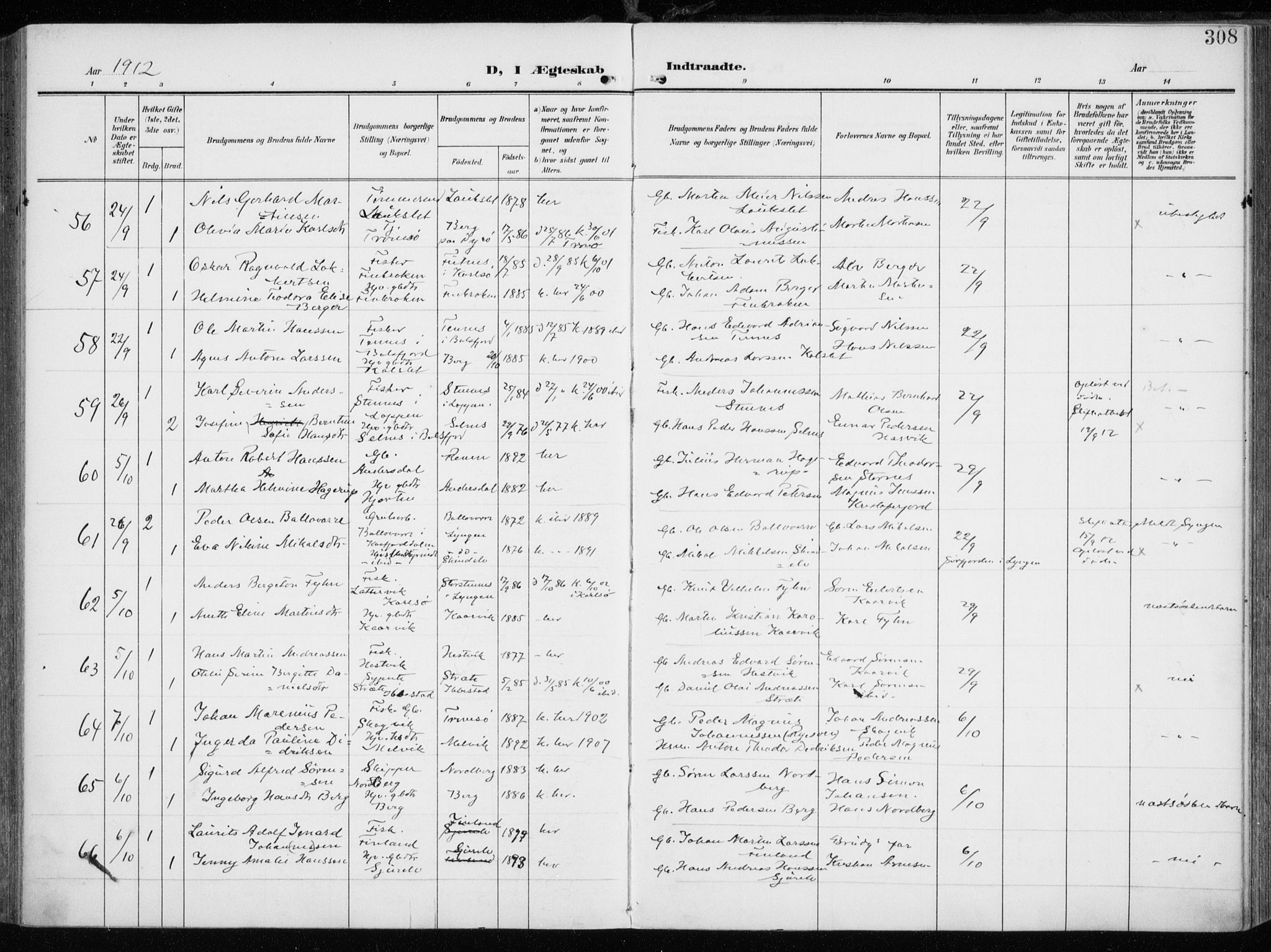 Tromsøysund sokneprestkontor, AV/SATØ-S-1304/G/Ga/L0007kirke: Parish register (official) no. 7, 1907-1914, p. 308