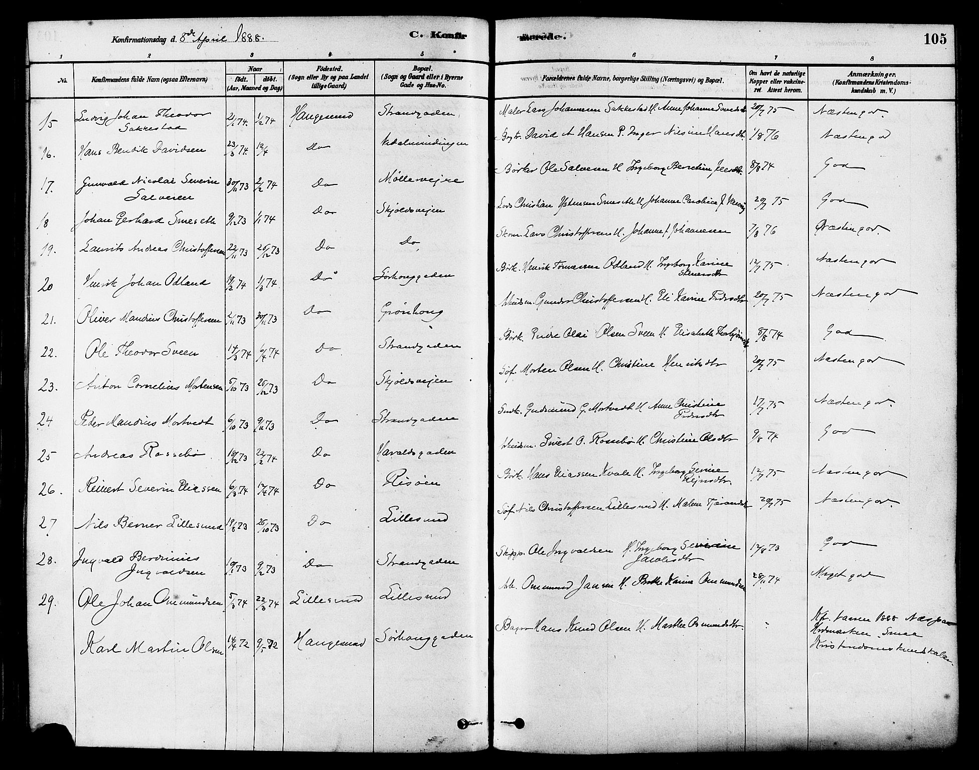 Haugesund sokneprestkontor, AV/SAST-A -101863/H/Ha/Haa/L0003: Parish register (official) no. A 3, 1885-1890, p. 105