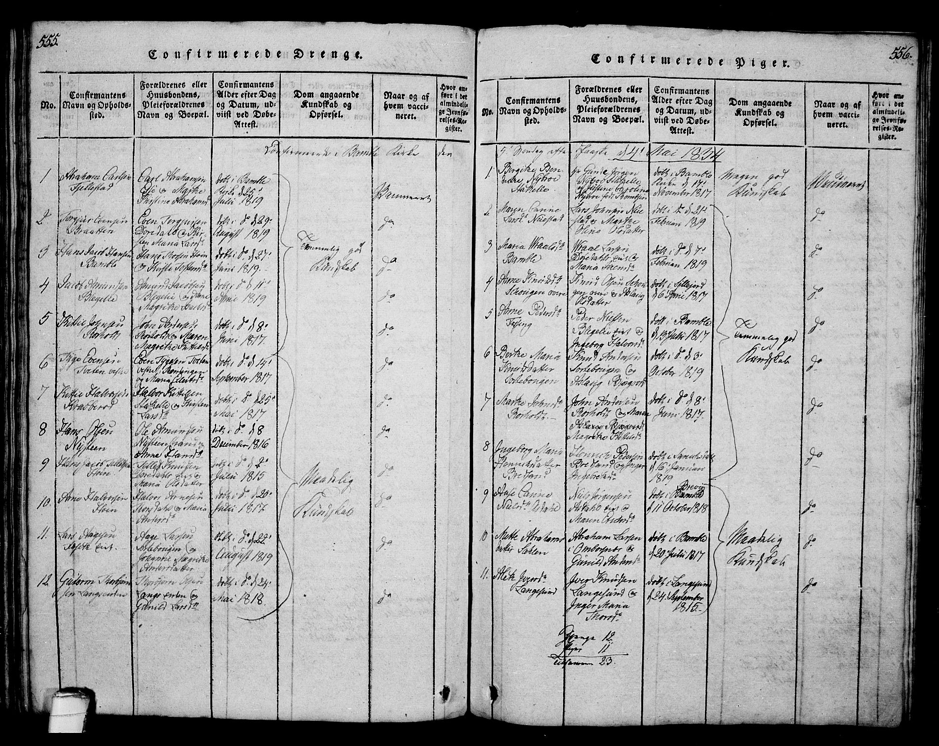 Bamble kirkebøker, SAKO/A-253/G/Ga/L0005: Parish register (copy) no. I 5, 1814-1855, p. 555-556