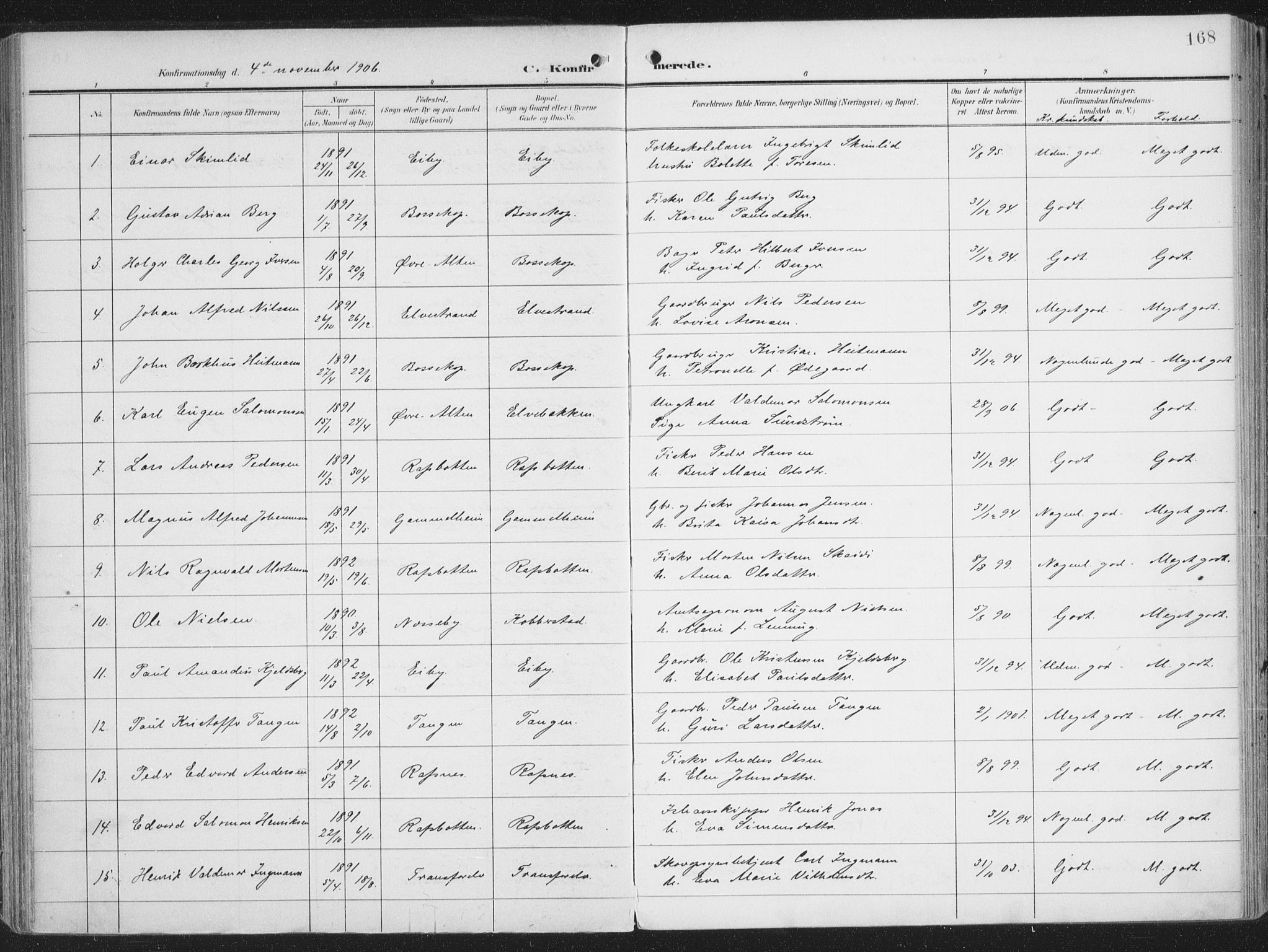 Alta sokneprestkontor, SATØ/S-1338/H/Ha/L0005.kirke: Parish register (official) no. 5, 1904-1918, p. 168