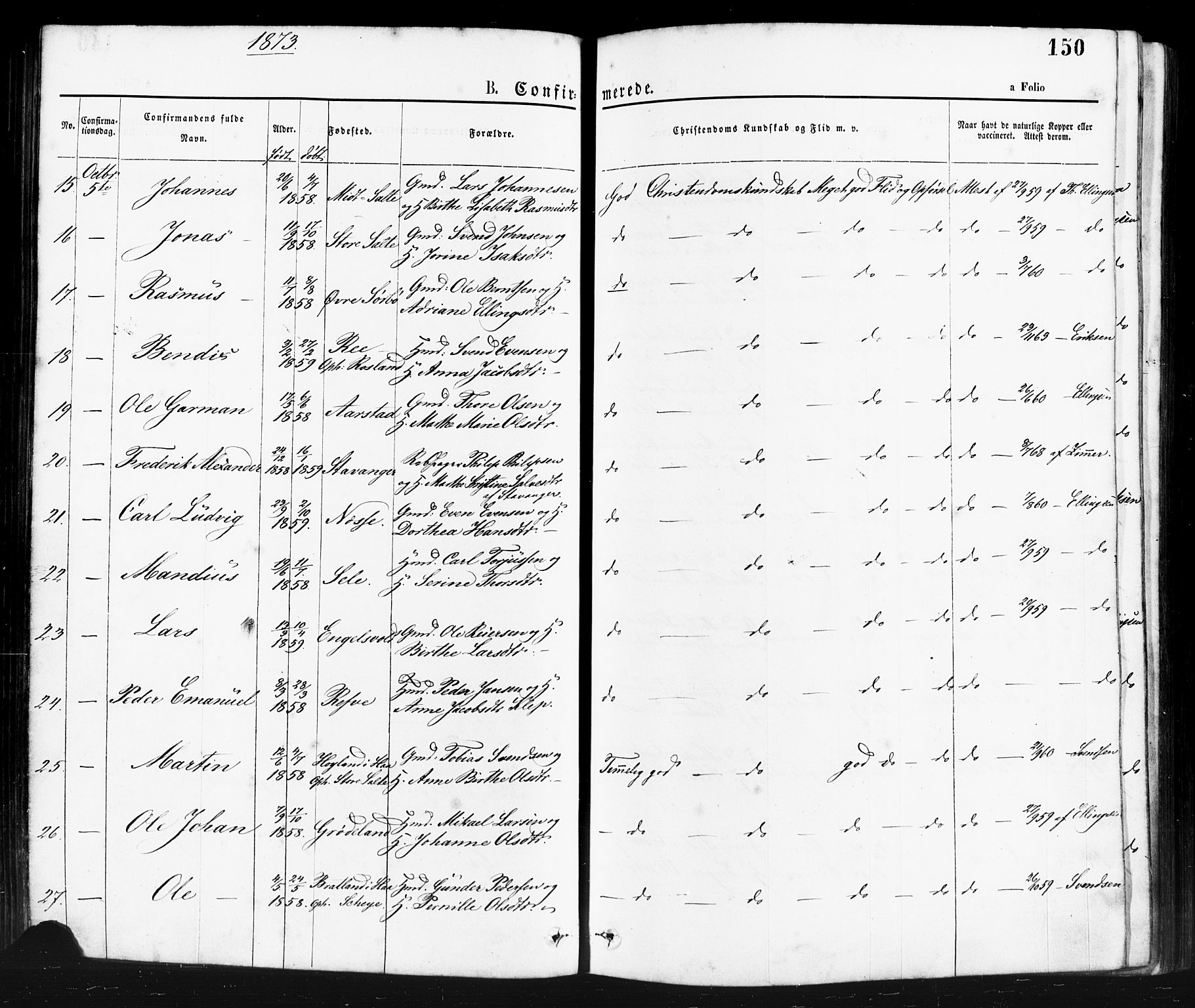 Klepp sokneprestkontor, AV/SAST-A-101803/001/3/30BA/L0006: Parish register (official) no. A 6, 1871-1885, p. 150