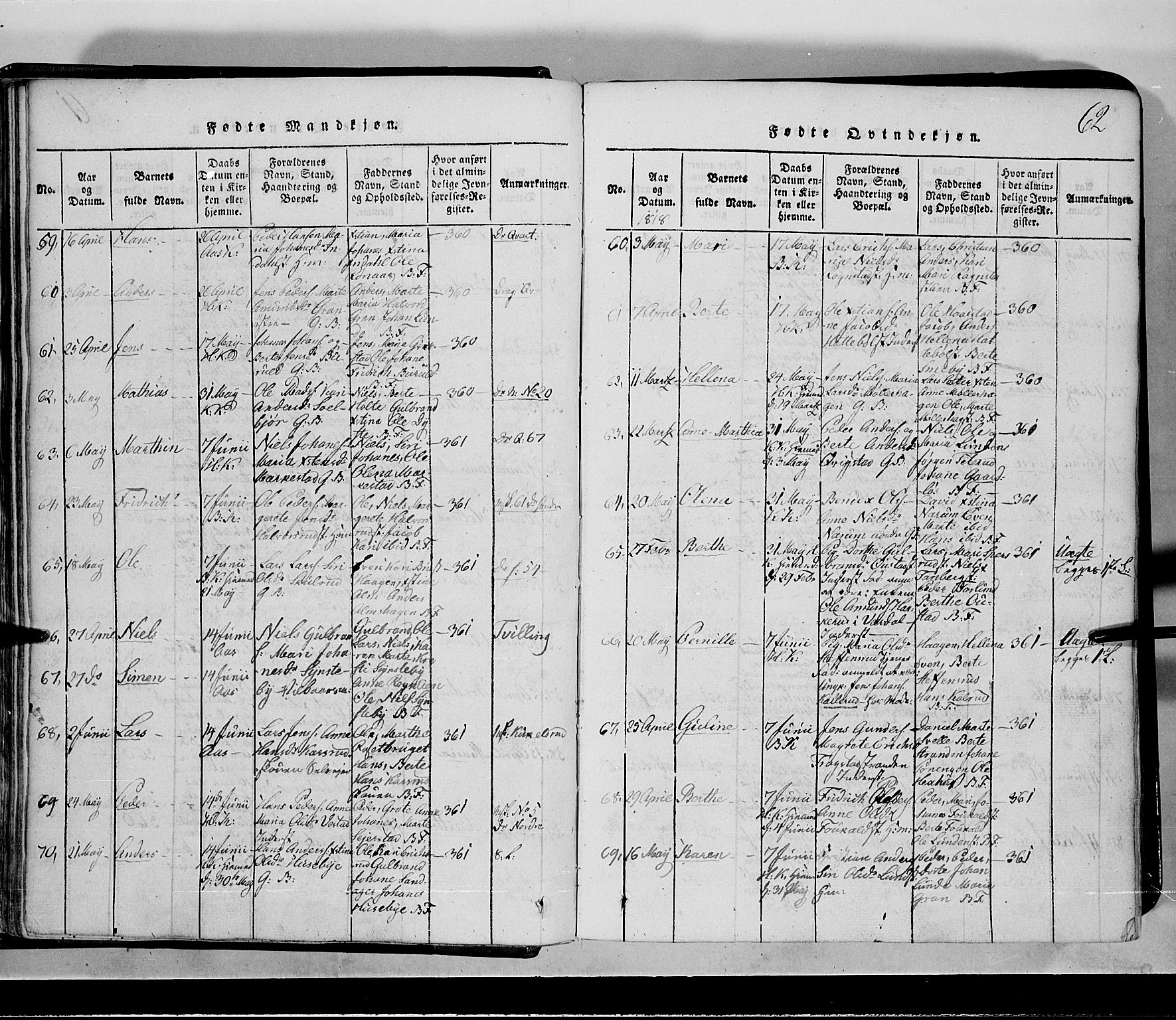 Toten prestekontor, SAH/PREST-102/H/Ha/Hab/L0001: Parish register (copy) no. 1, 1814-1820, p. 62