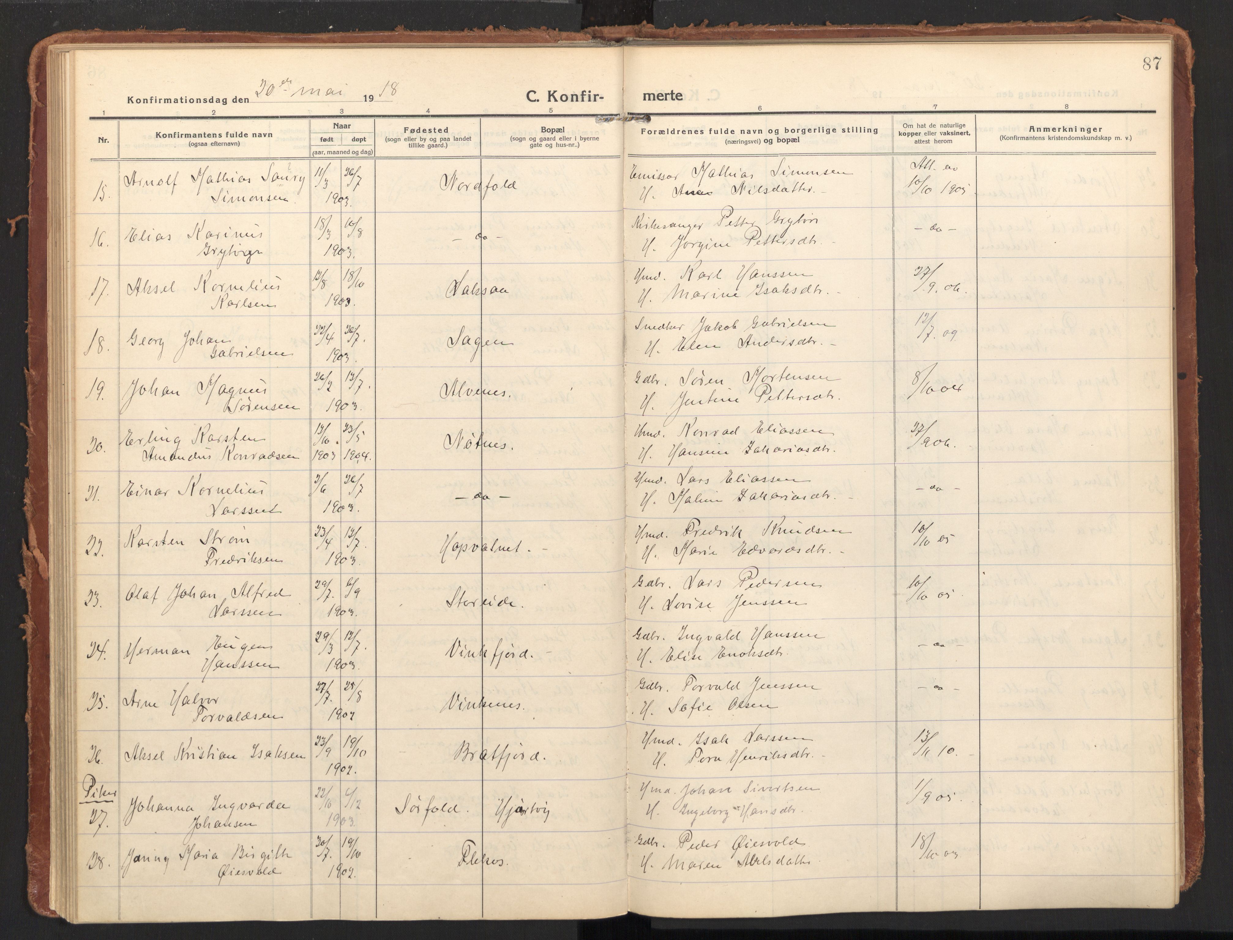 Ministerialprotokoller, klokkerbøker og fødselsregistre - Nordland, AV/SAT-A-1459/858/L0833: Parish register (official) no. 858A03, 1916-1934, p. 87