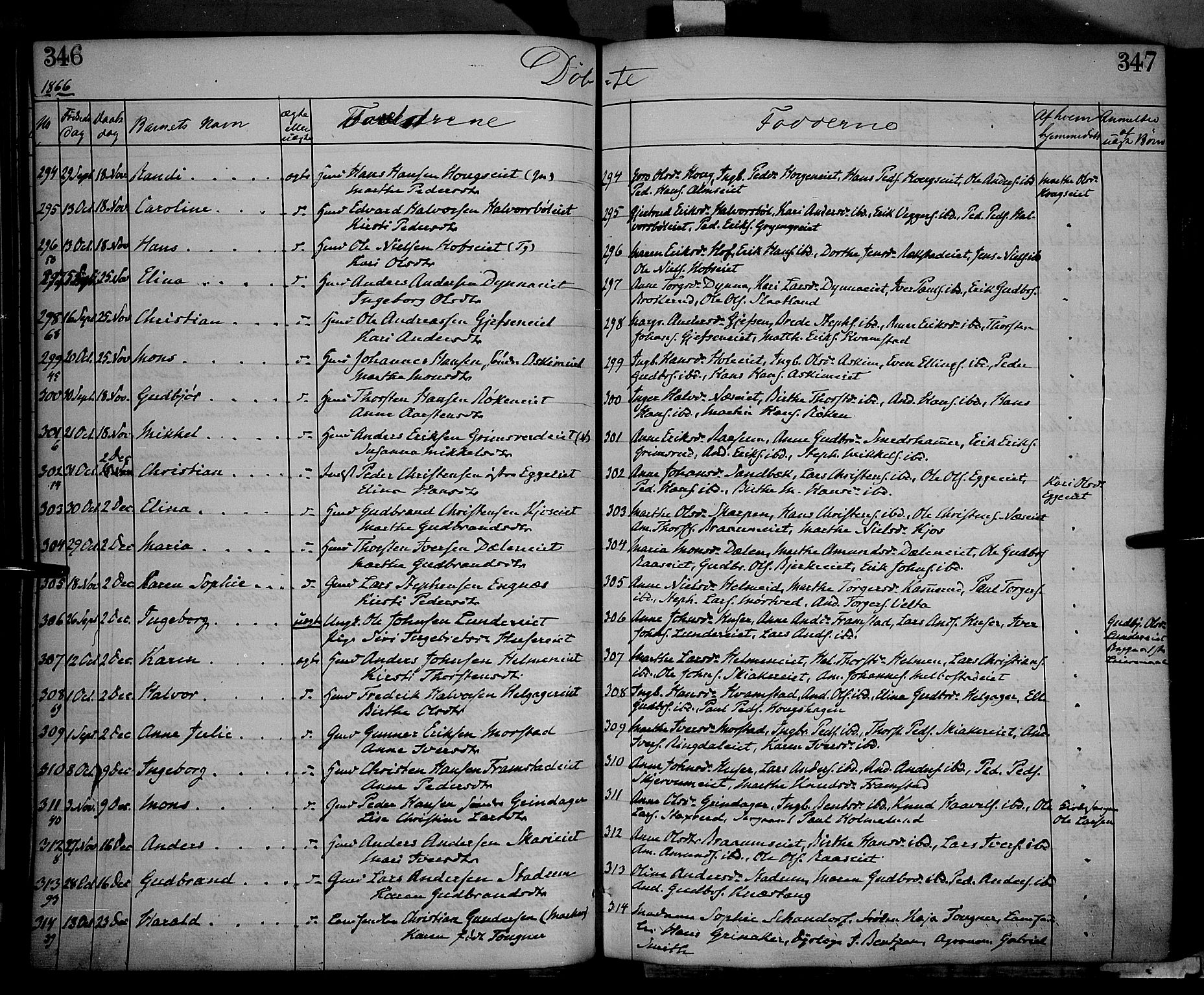 Gran prestekontor, SAH/PREST-112/H/Ha/Haa/L0012: Parish register (official) no. 12, 1856-1874, p. 346-347