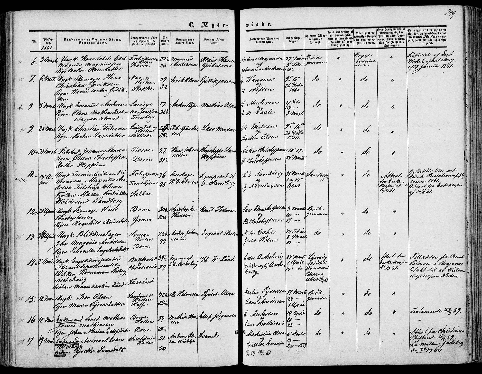 Borre kirkebøker, AV/SAKO-A-338/F/Fa/L0006: Parish register (official) no. I 6, 1852-1862, p. 249