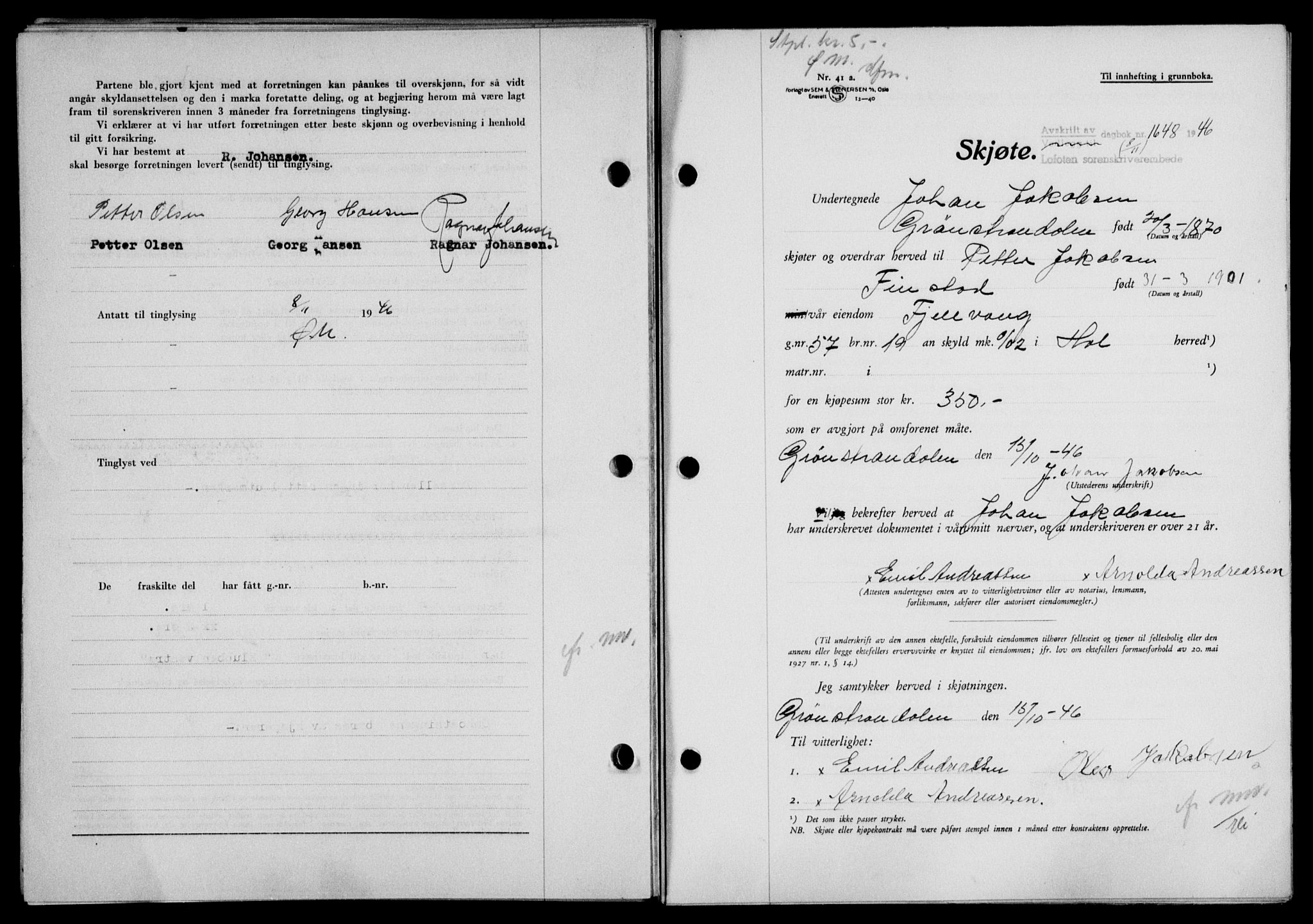 Lofoten sorenskriveri, SAT/A-0017/1/2/2C/L0015a: Mortgage book no. 15a, 1946-1947, Diary no: : 1648/1946