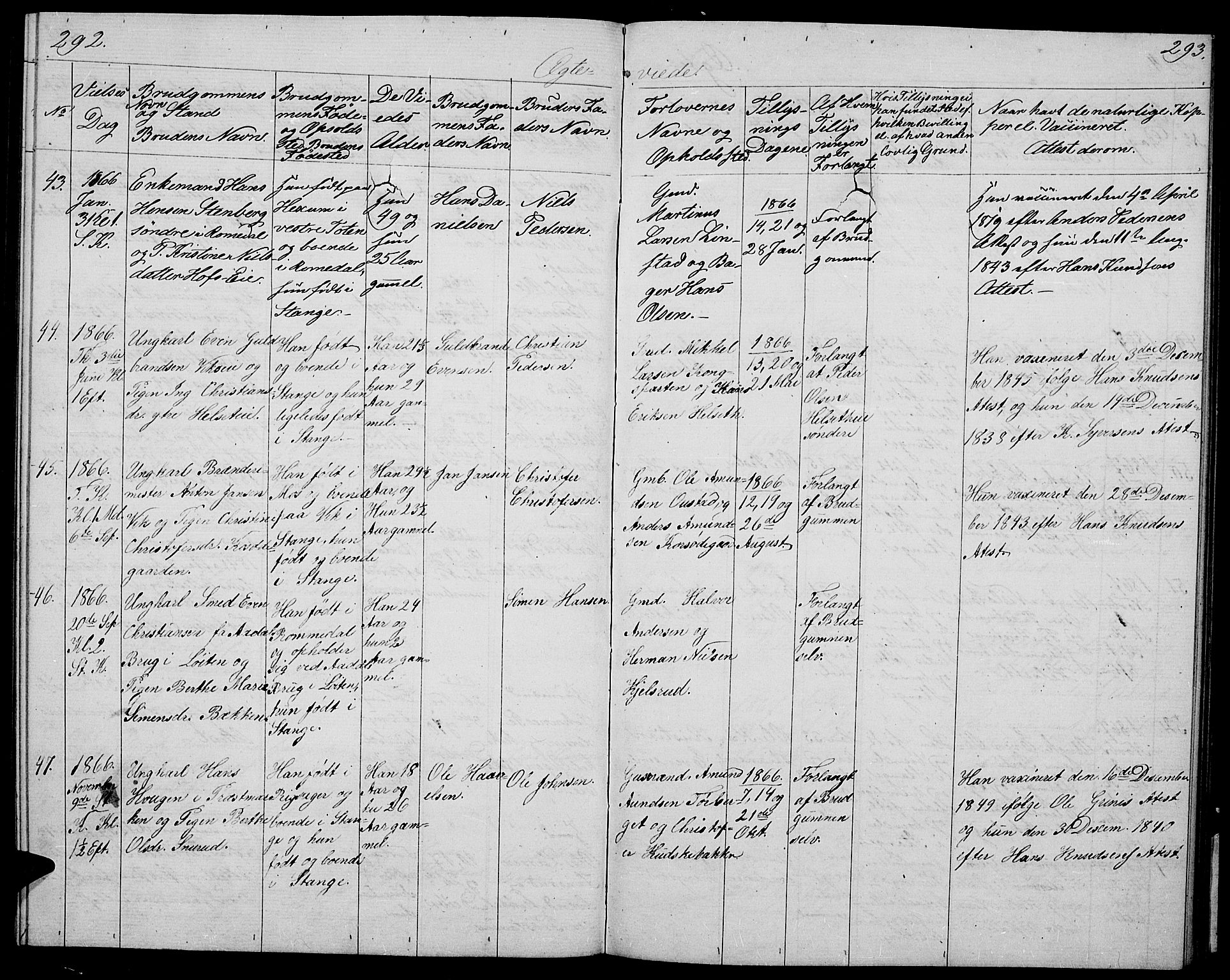 Stange prestekontor, AV/SAH-PREST-002/L/L0004: Parish register (copy) no. 4, 1861-1869, p. 292-293