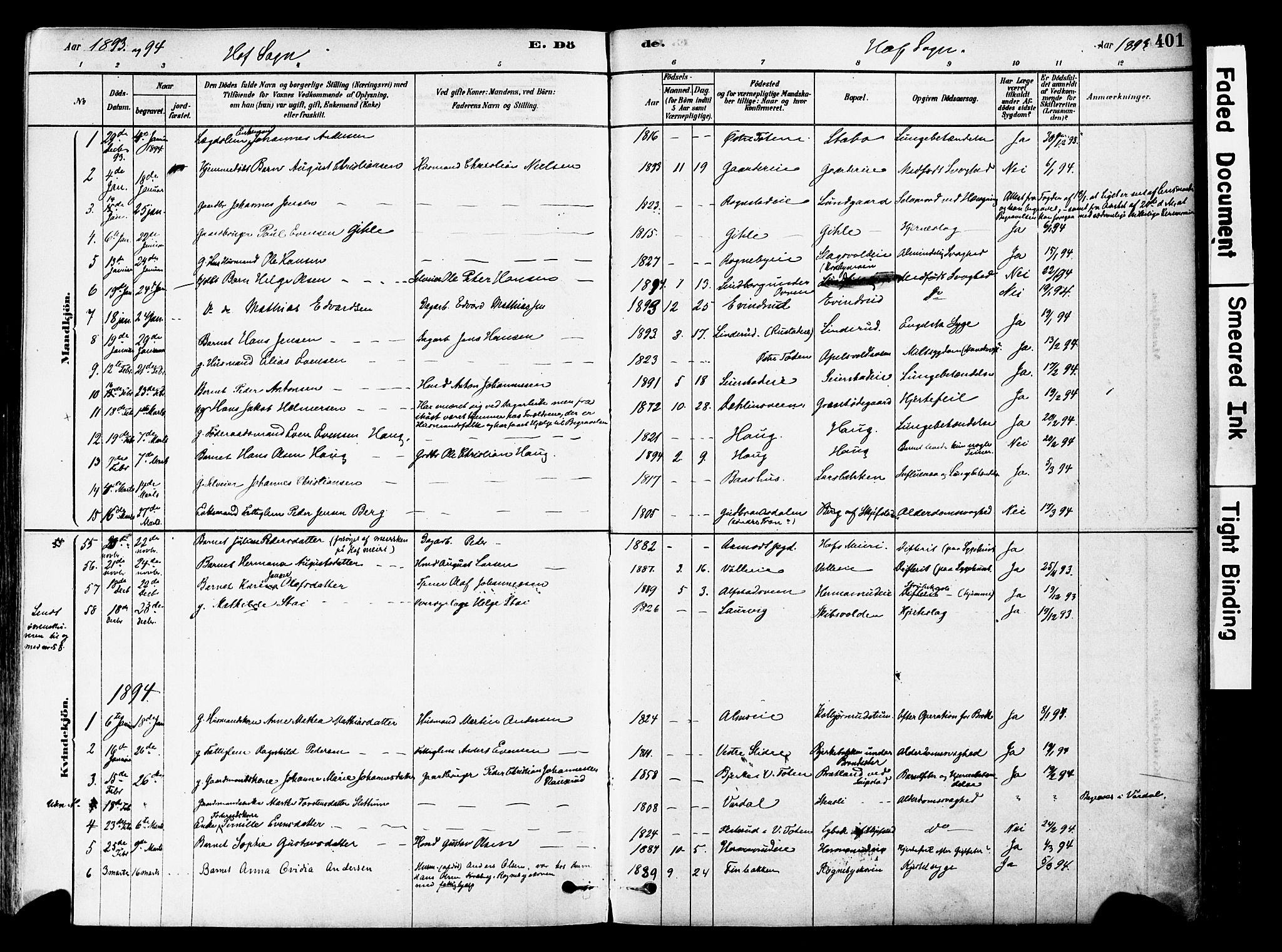 Østre Toten prestekontor, SAH/PREST-104/H/Ha/Haa/L0006: Parish register (official) no. 6 /1, 1878-1896, p. 401