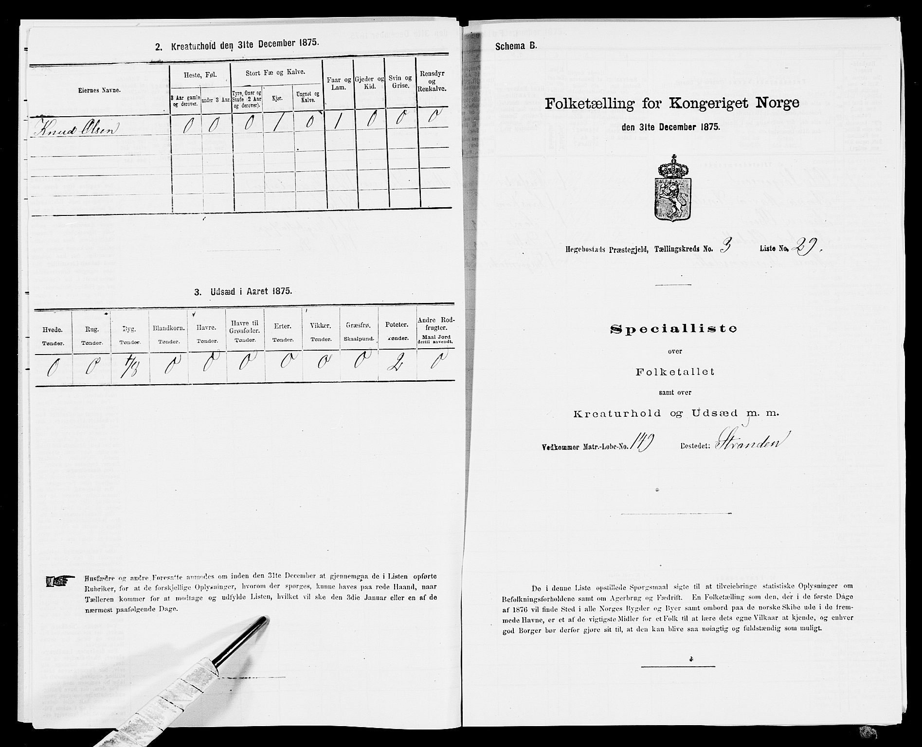 SAK, 1875 census for 1034P Hægebostad, 1875, p. 258