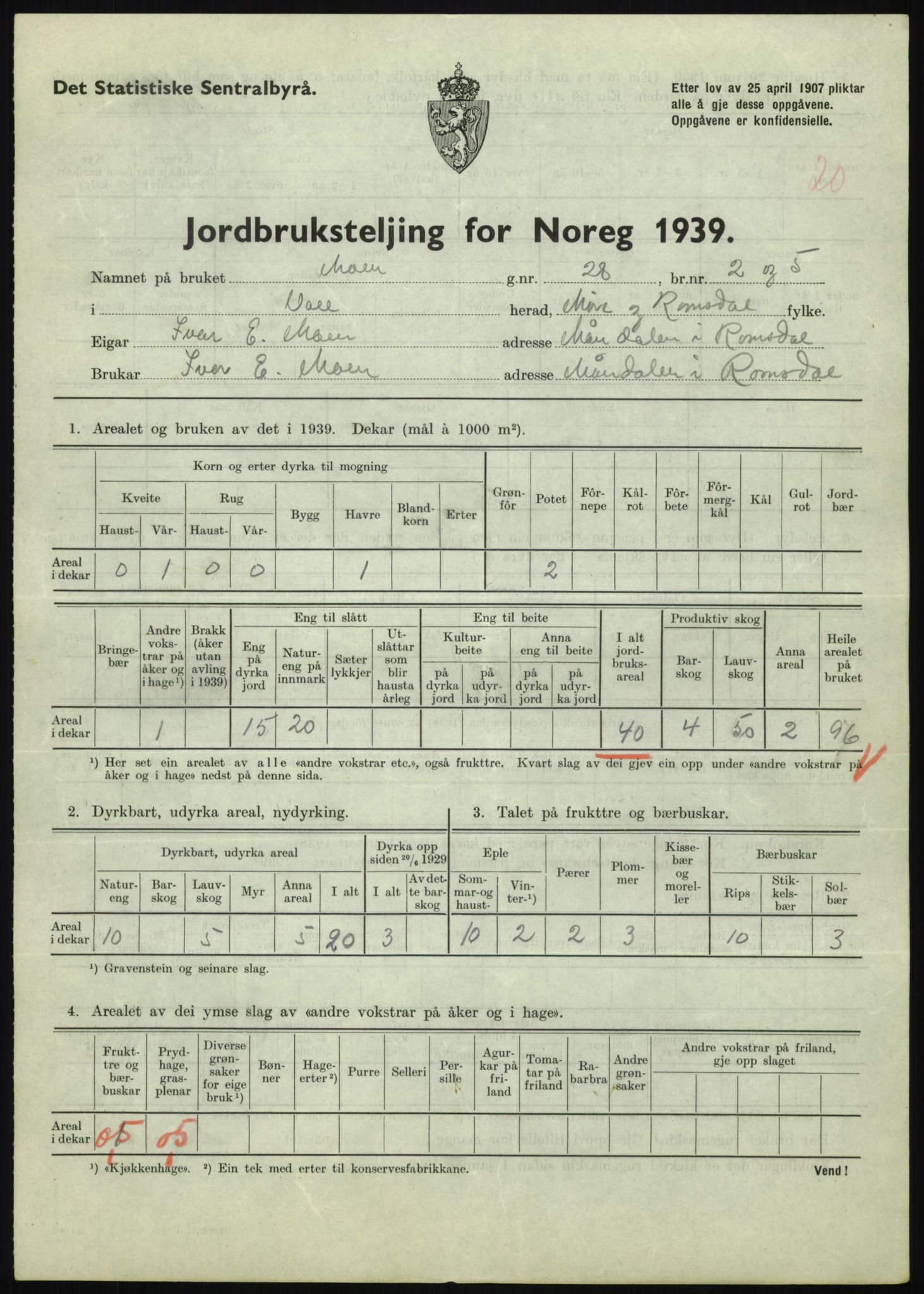 Statistisk sentralbyrå, Næringsøkonomiske emner, Jordbruk, skogbruk, jakt, fiske og fangst, AV/RA-S-2234/G/Gb/L0251: Møre og Romsdal: Voll, Eid, Grytten og Hen, 1939, p. 163
