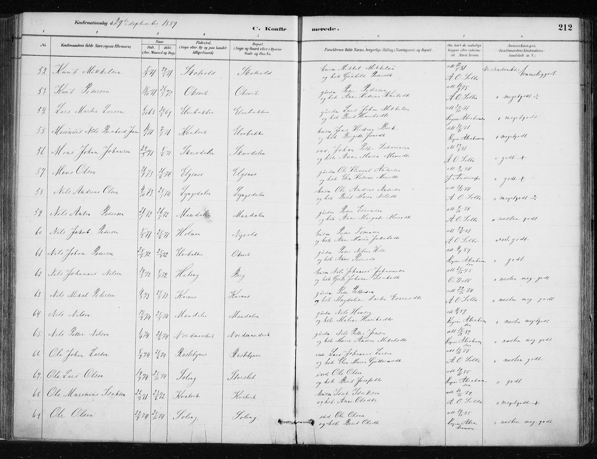 Lyngen sokneprestembete, AV/SATØ-S-1289/H/He/Hea/L0007kirke: Parish register (official) no. 7, 1879-1890, p. 212