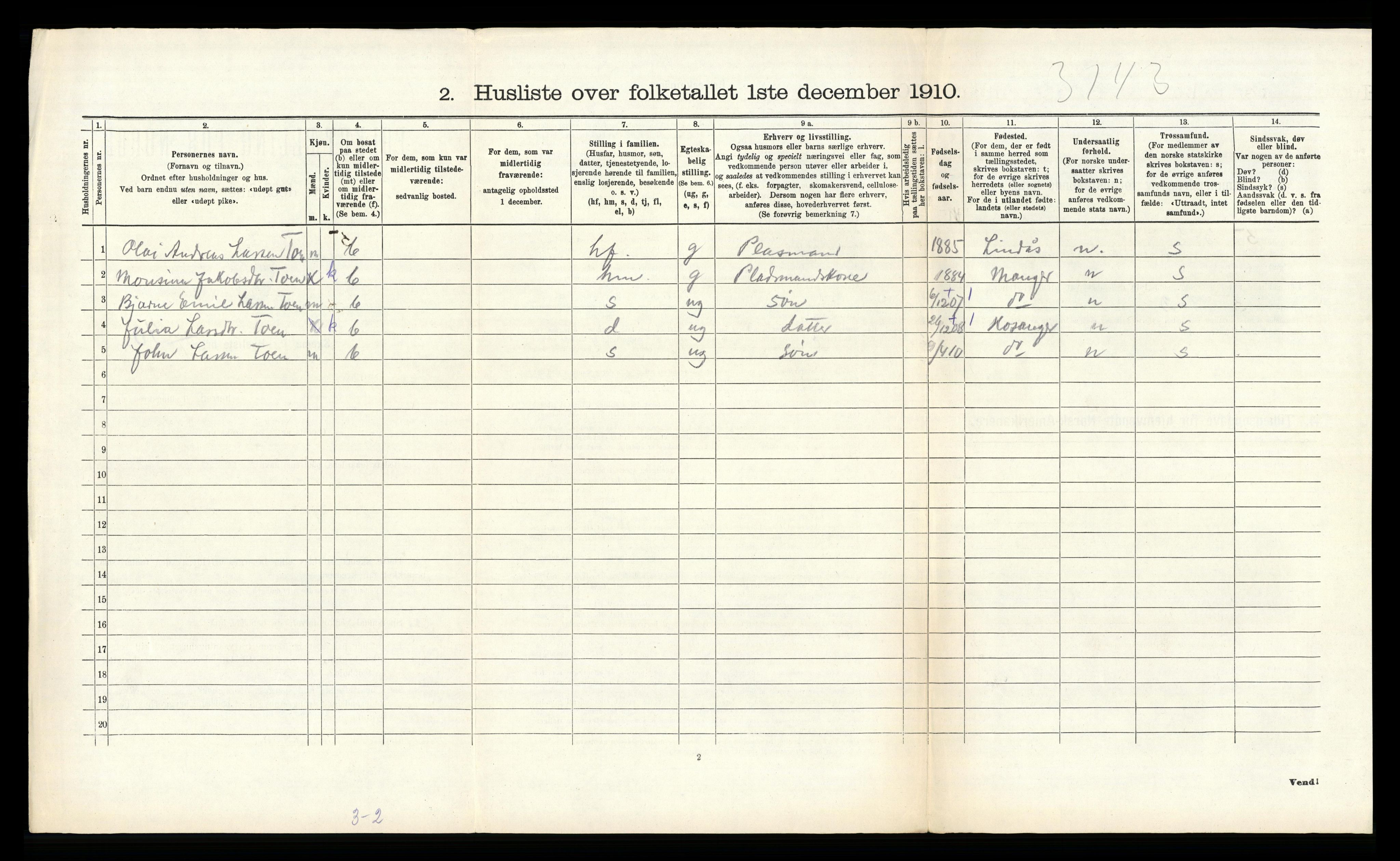 RA, 1910 census for Hosanger, 1910, p. 545