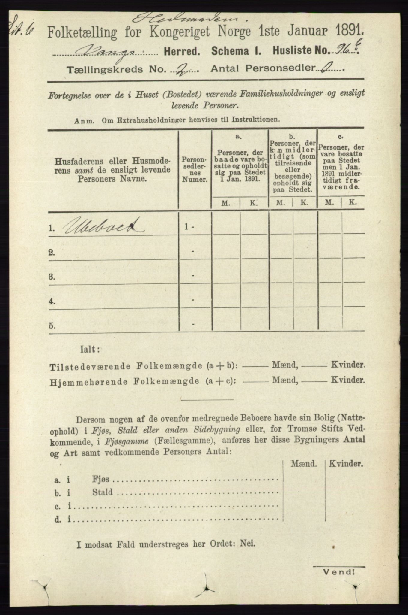 RA, 1891 census for 0414 Vang, 1891, p. 1028