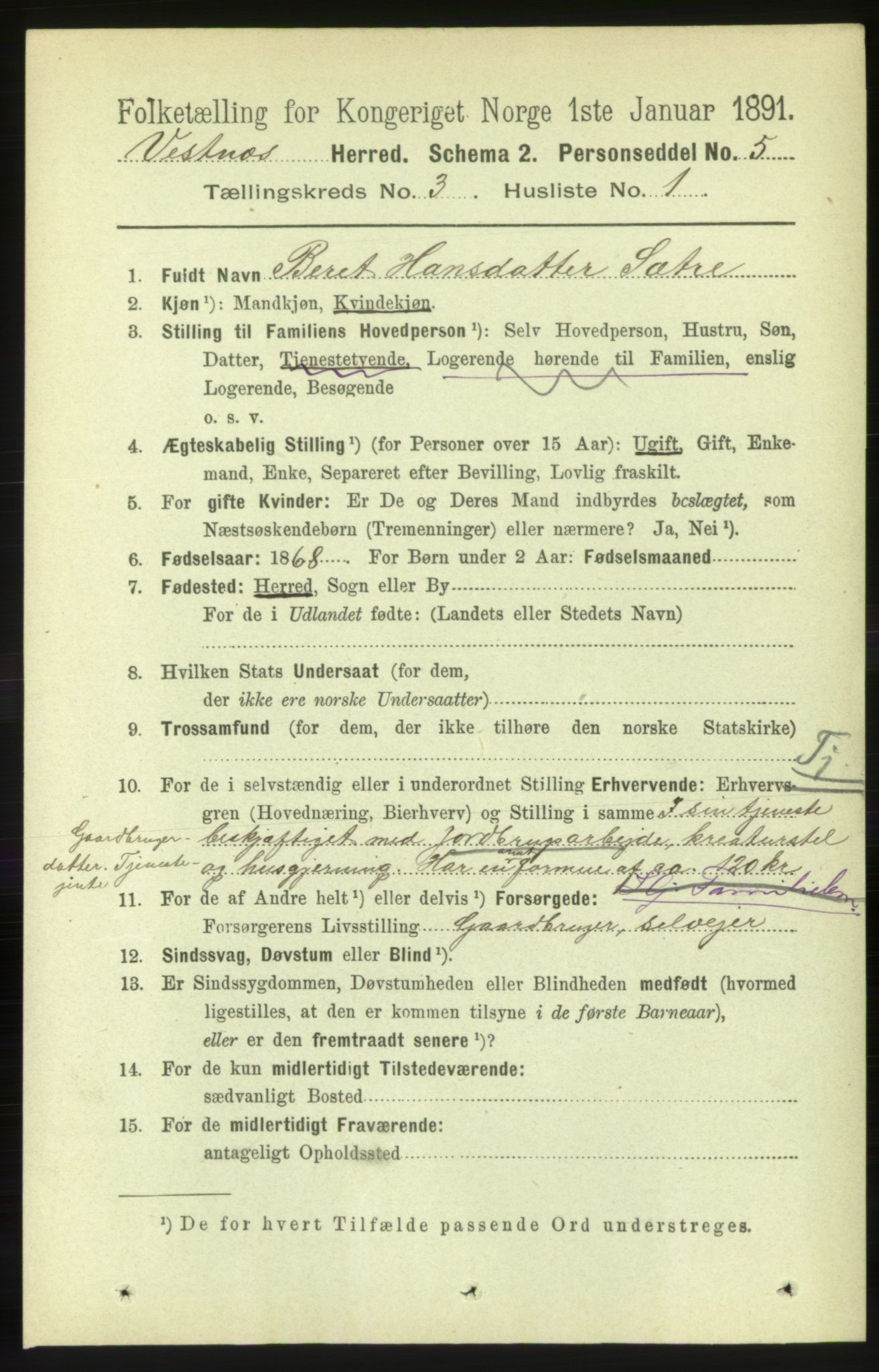 RA, 1891 census for 1535 Vestnes, 1891, p. 880