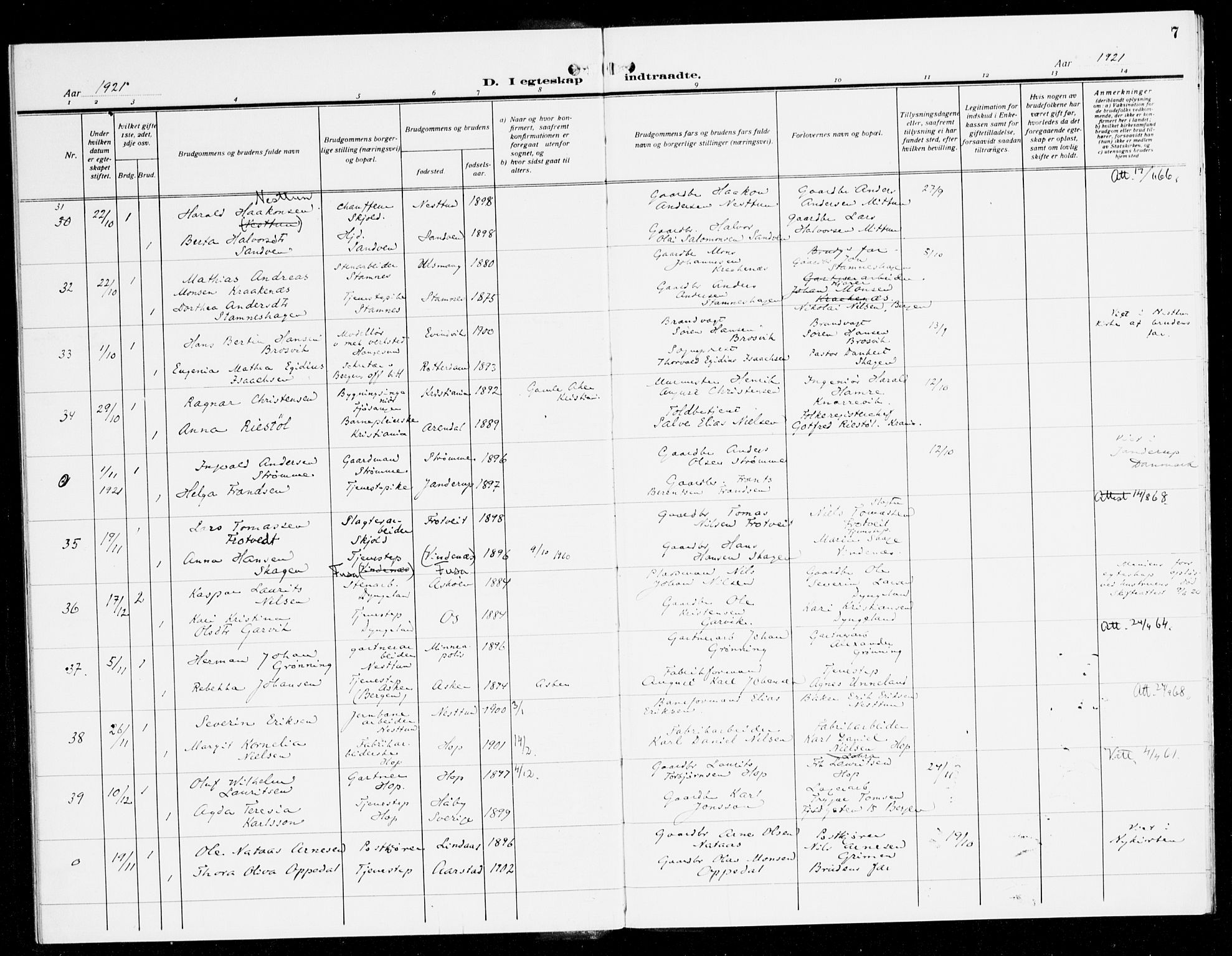 Fana Sokneprestembete, AV/SAB-A-75101/H/Haa/Haak/L0001: Parish register (official) no. K 1, 1920-1931, p. 7