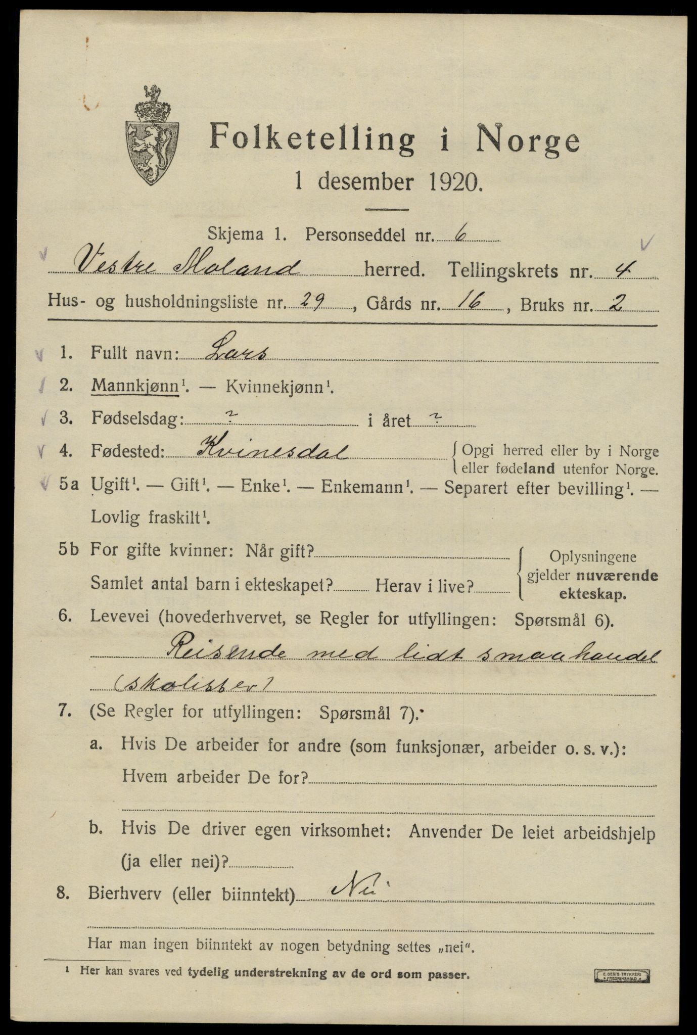 SAK, 1920 census for Vestre Moland, 1920, p. 3797