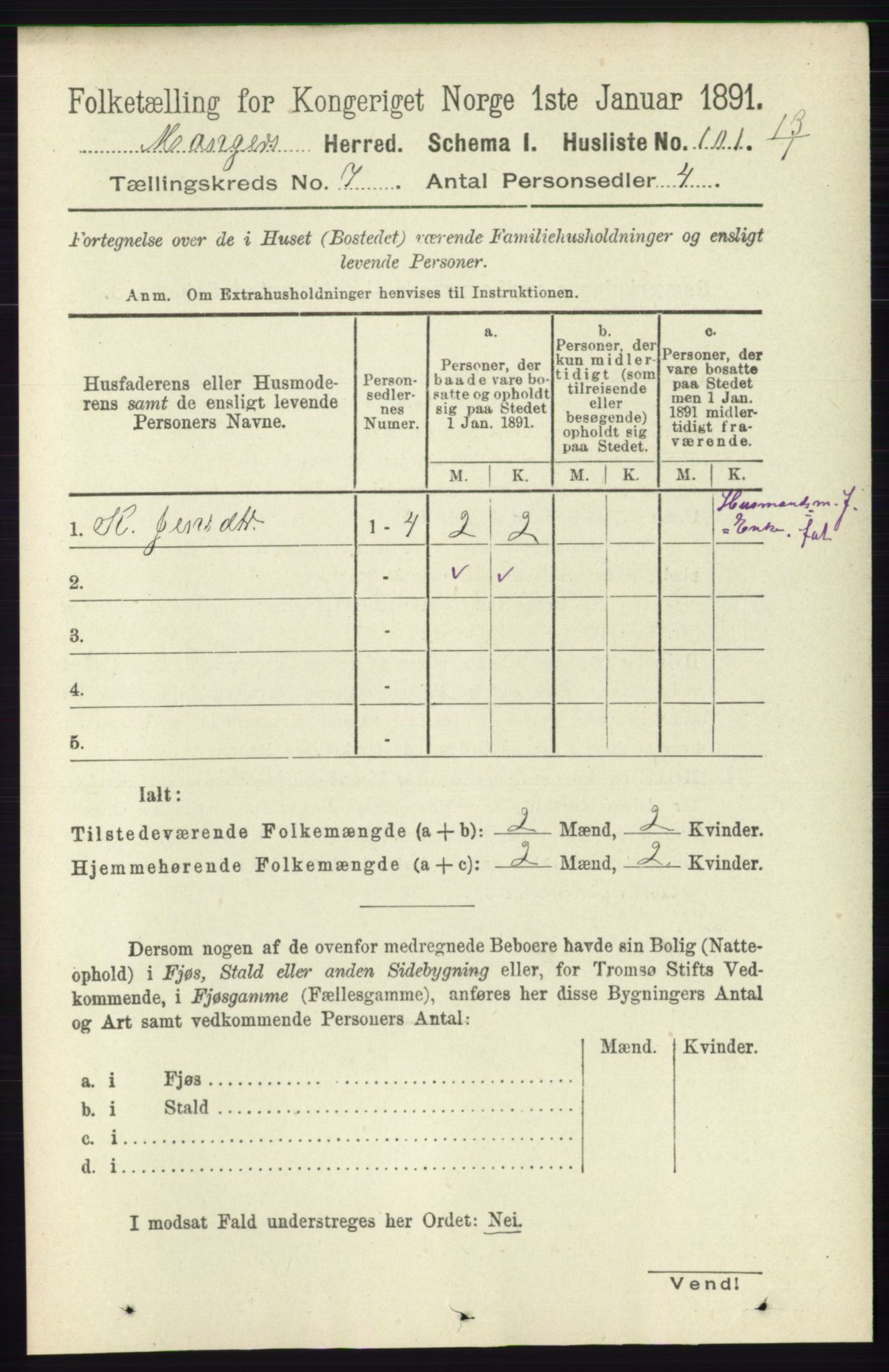 RA, 1891 census for 1261 Manger, 1891, p. 4347