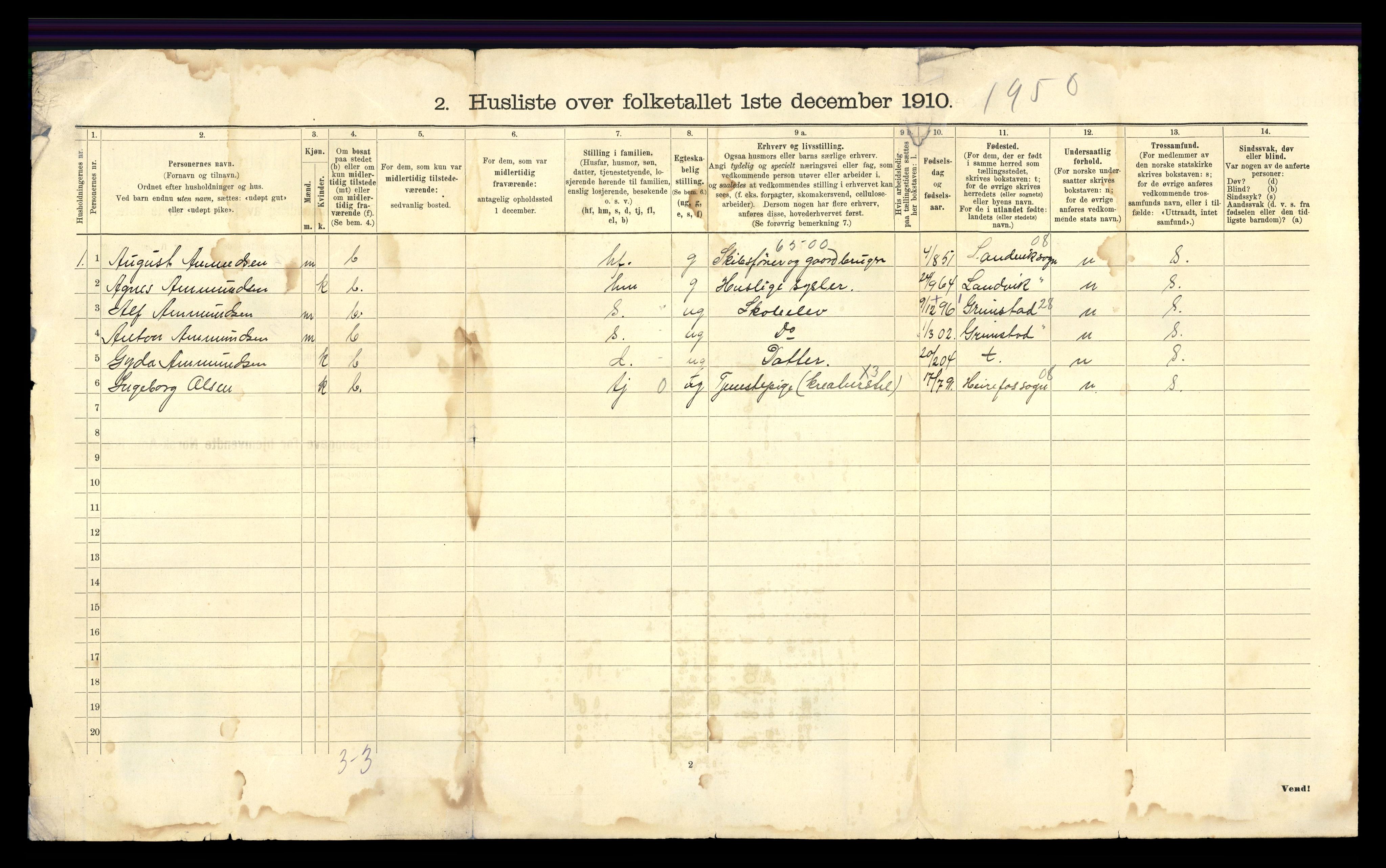 RA, 1910 census for Fjære, 1910, p. 50