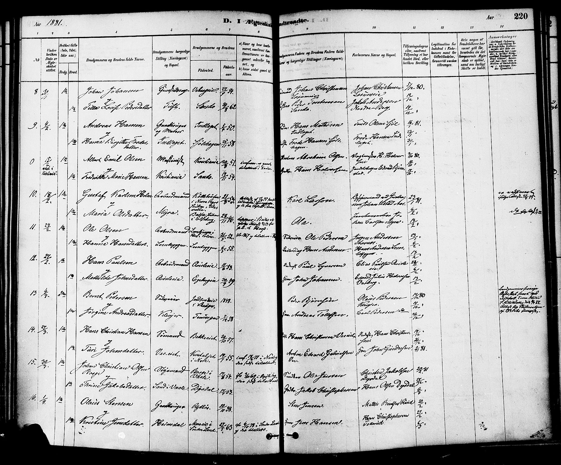 Sande Kirkebøker, AV/SAKO-A-53/F/Fa/L0006: Parish register (official) no. 6, 1878-1888, p. 220