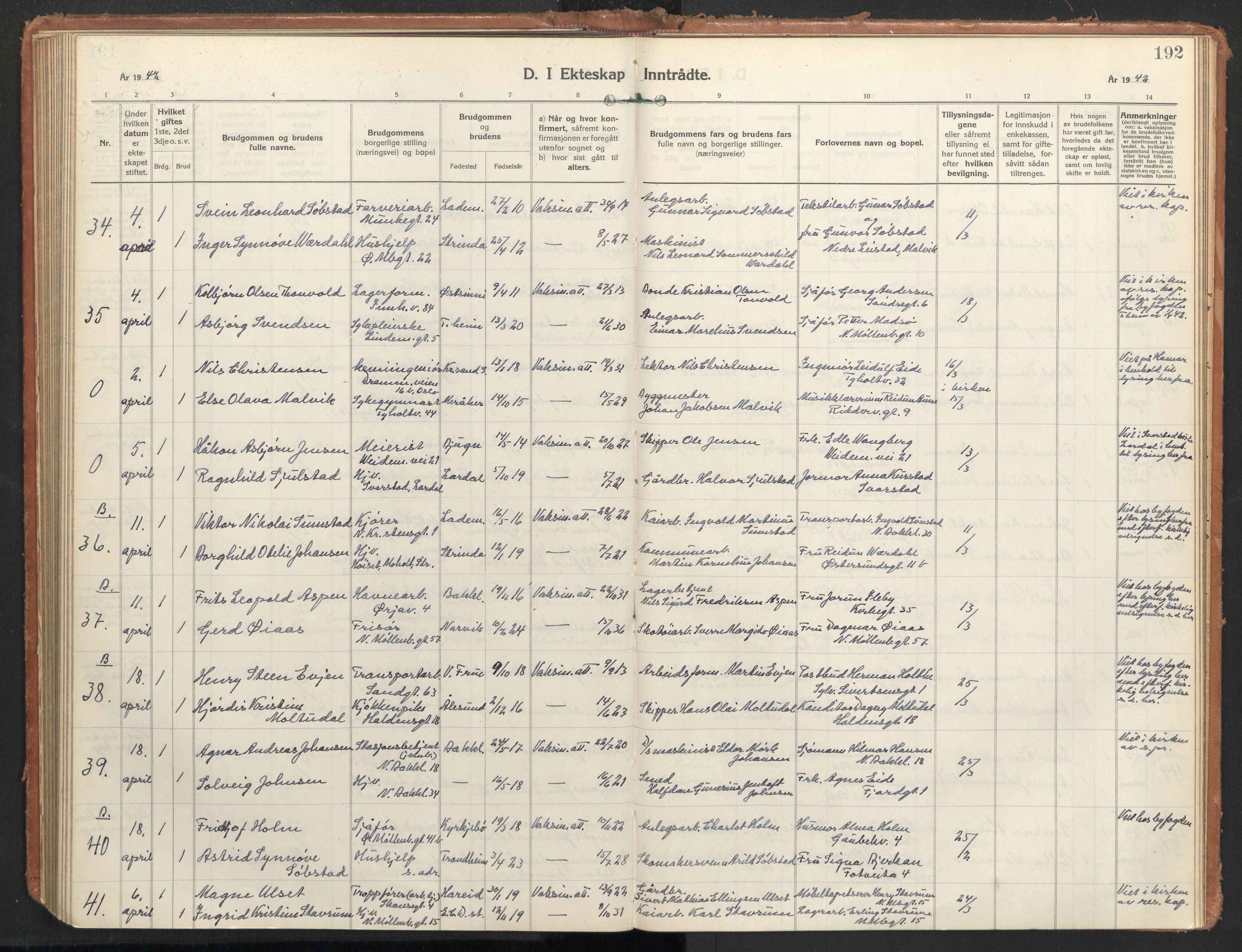 Ministerialprotokoller, klokkerbøker og fødselsregistre - Sør-Trøndelag, AV/SAT-A-1456/604/L0209: Parish register (official) no. 604A29, 1931-1945, p. 192