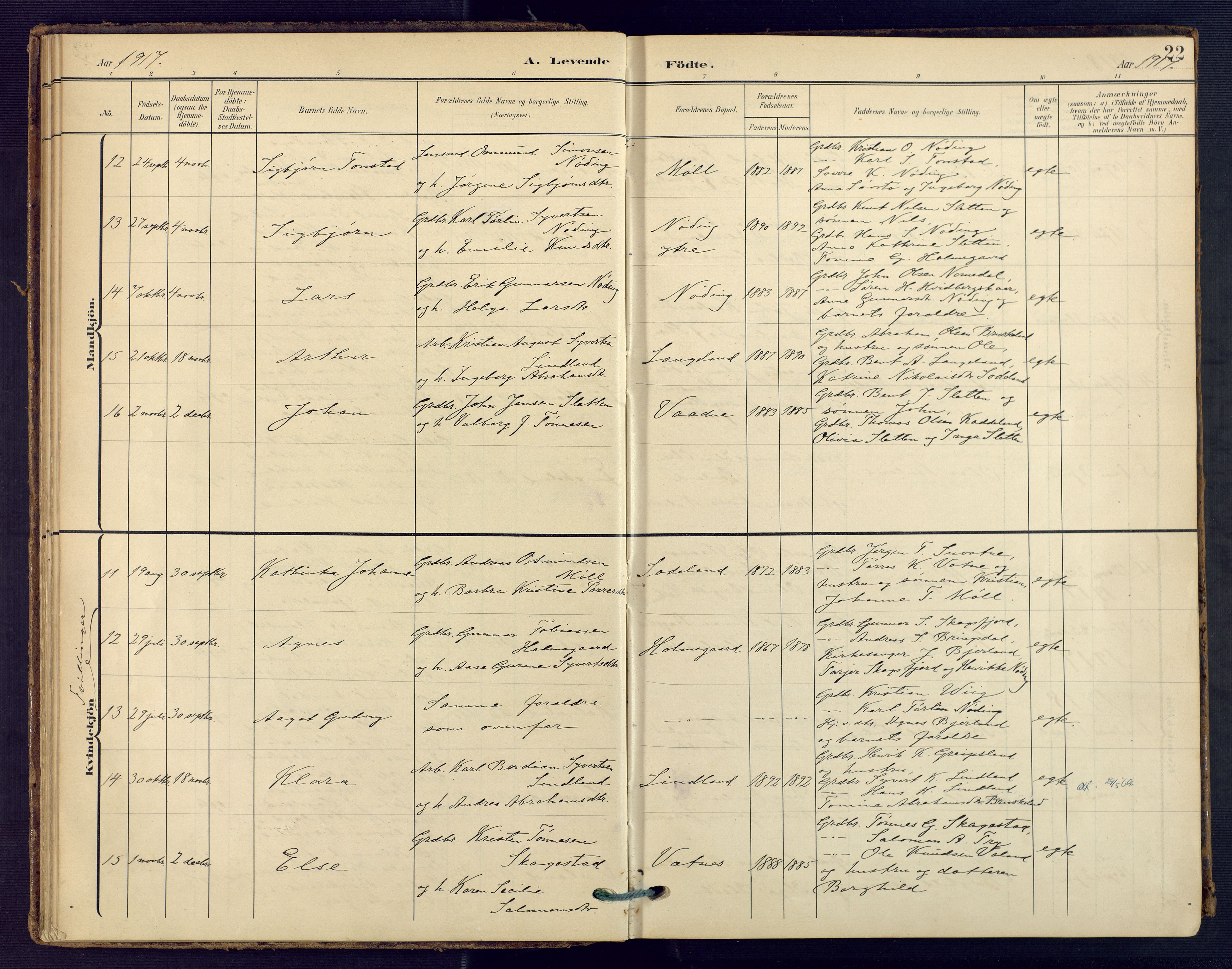 Holum sokneprestkontor, SAK/1111-0022/F/Fa/Faa/L0008: Parish register (official) no. A 8, 1908-1929, p. 22