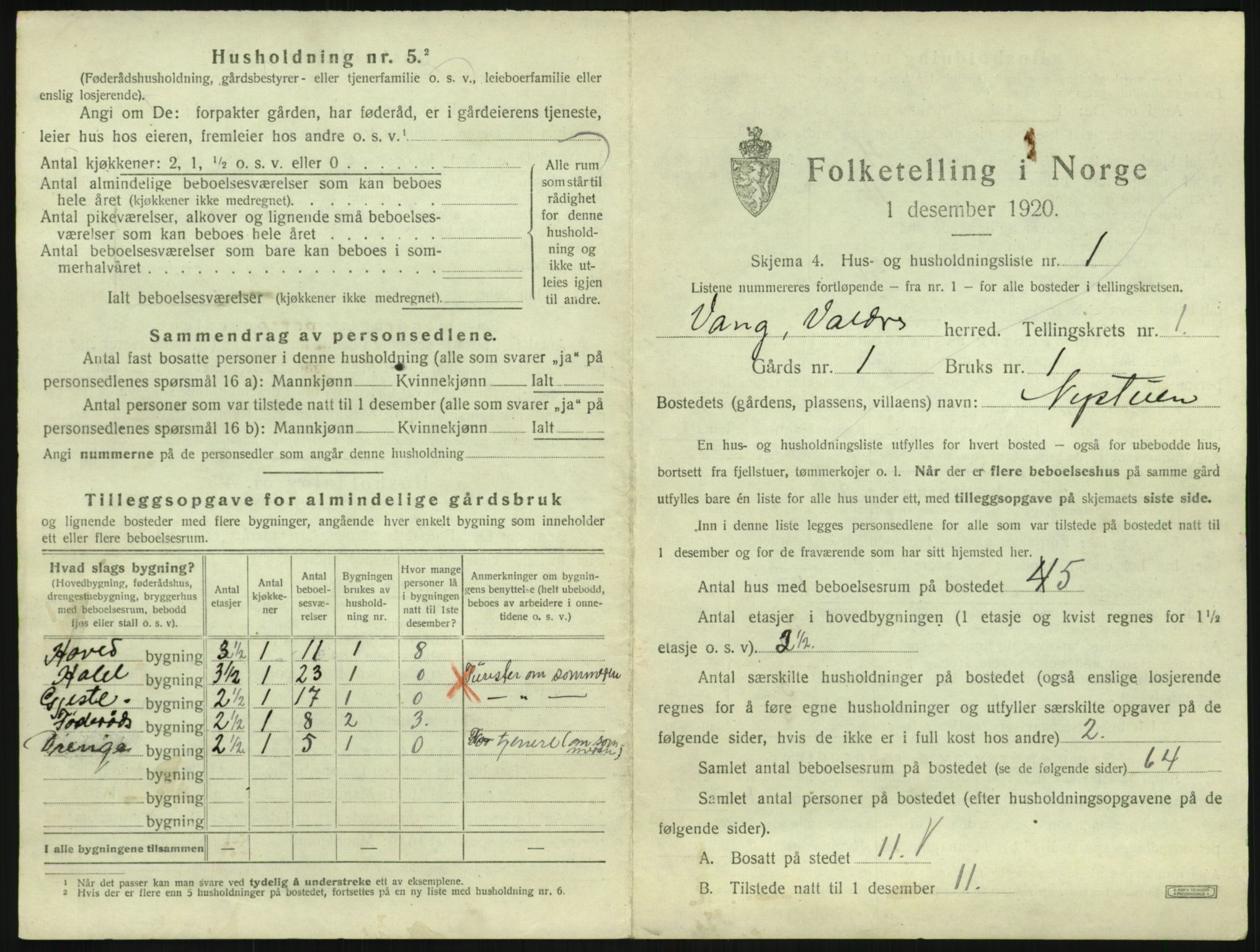 SAH, 1920 census for Vang (Oppland), 1920, p. 37