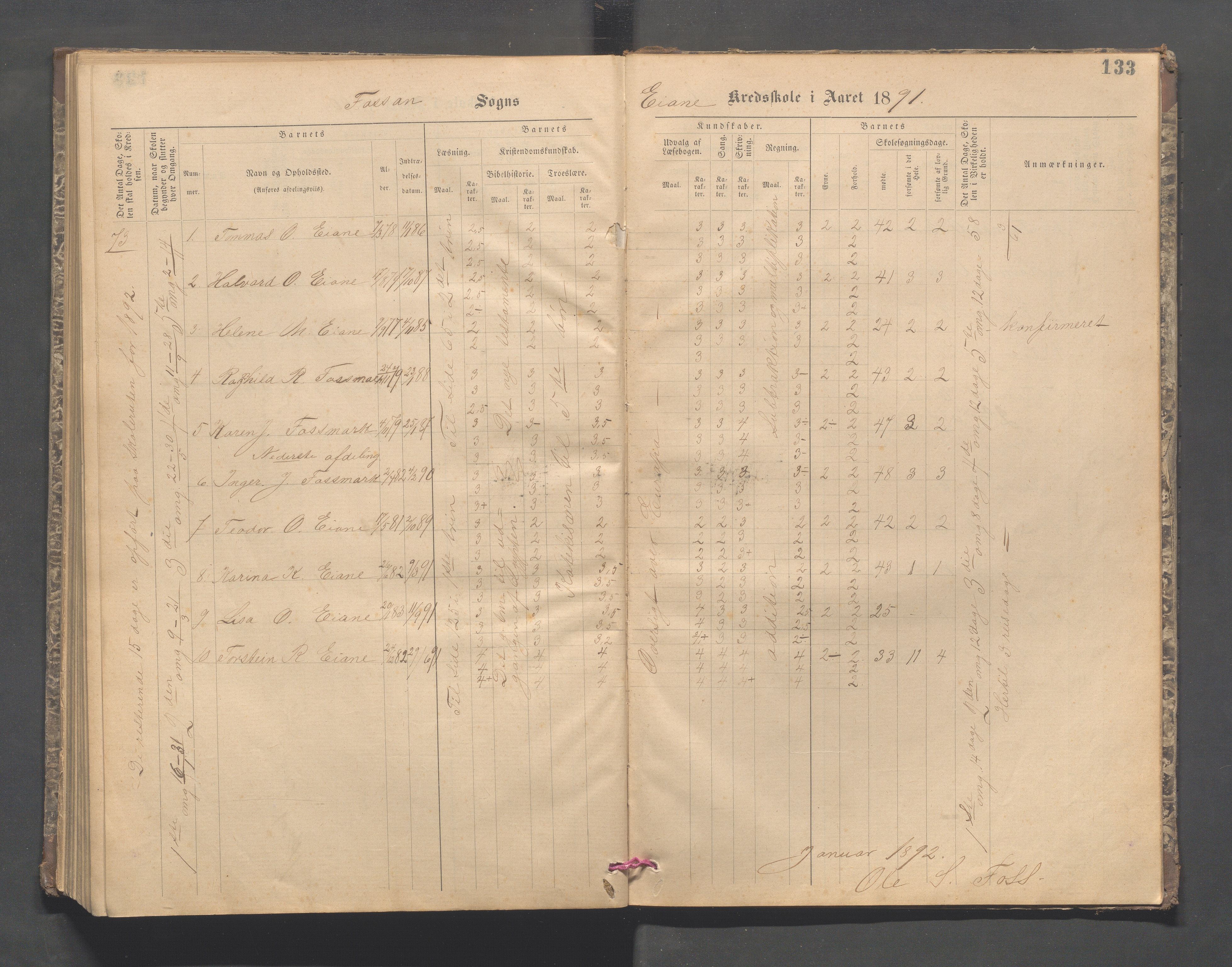 Forsand kommune - Lyse skole, IKAR/K-101613/H/L0001: Skoleprotokoll - Lyselandet, Indre Lysefjords enslige gårder, Kalleli omgangsskole, Songesand, Eiane, 1877-1894, p. 133