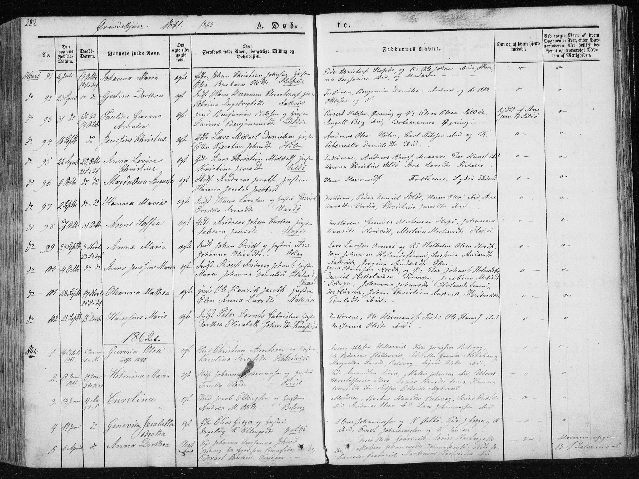Ministerialprotokoller, klokkerbøker og fødselsregistre - Nordland, AV/SAT-A-1459/830/L0446: Parish register (official) no. 830A10, 1831-1865, p. 282