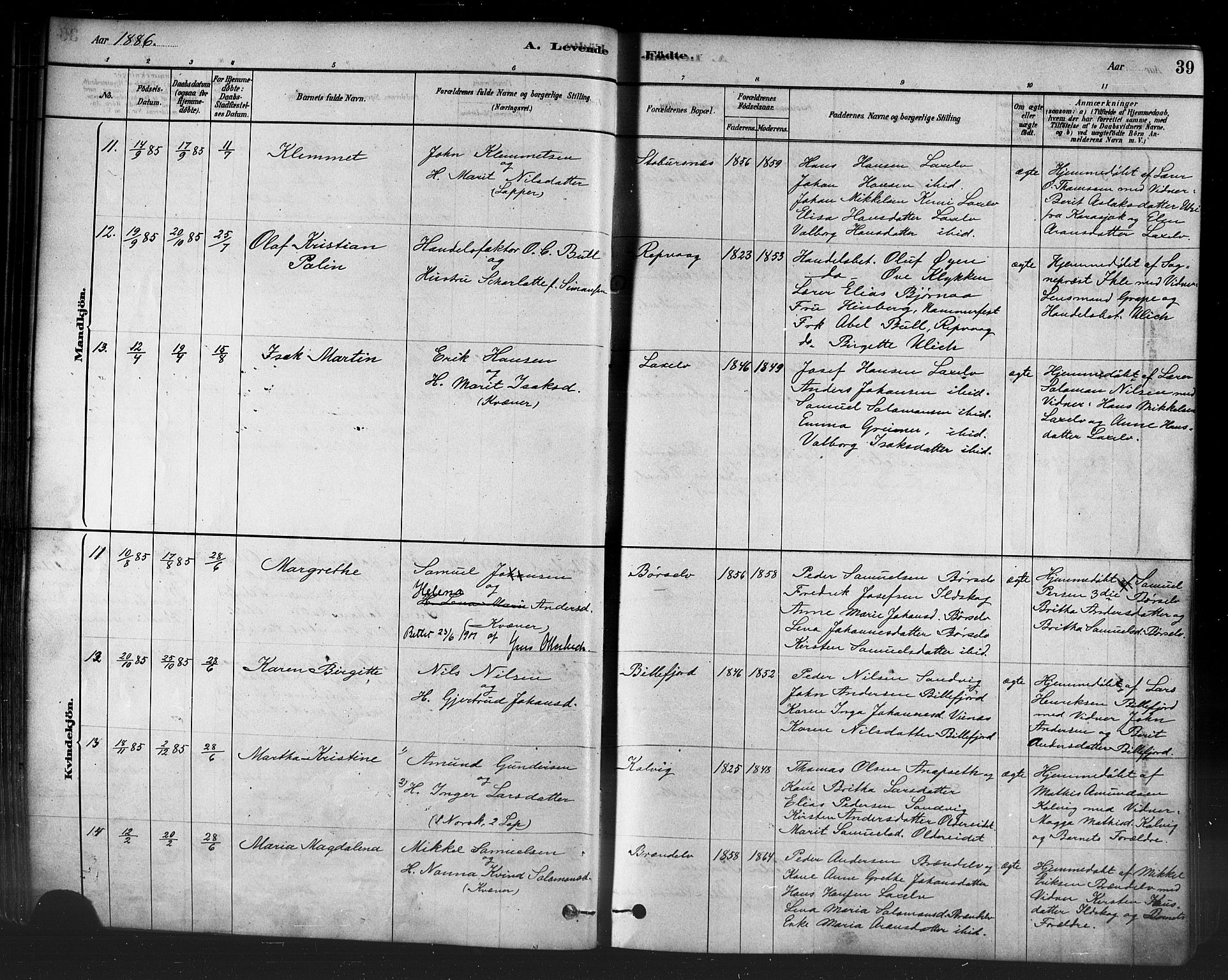 Kistrand/Porsanger sokneprestembete, AV/SATØ-S-1351/H/Ha/L0007.kirke: Parish register (official) no. 7, 1881-1889, p. 39