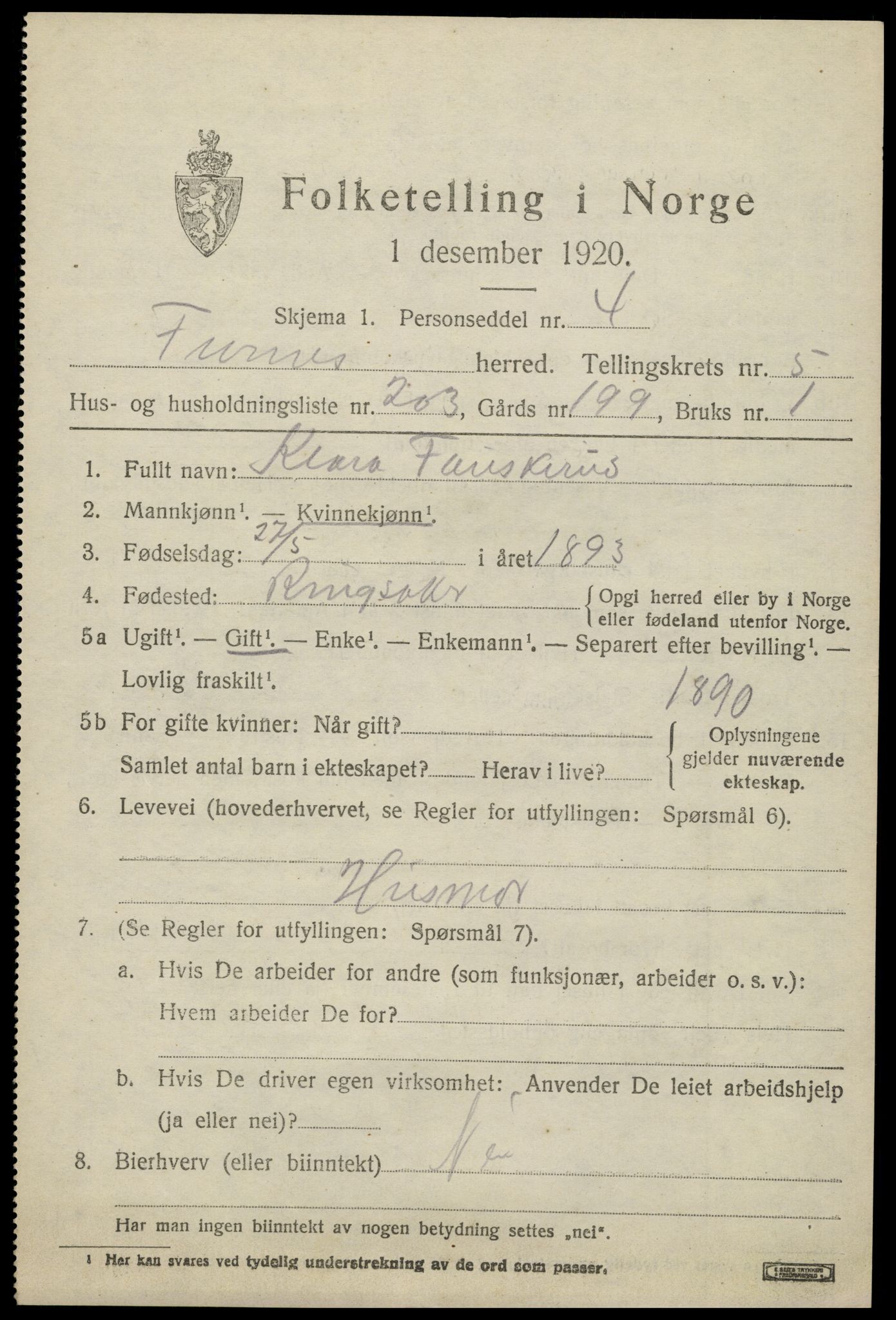 SAH, 1920 census for Furnes, 1920, p. 9609