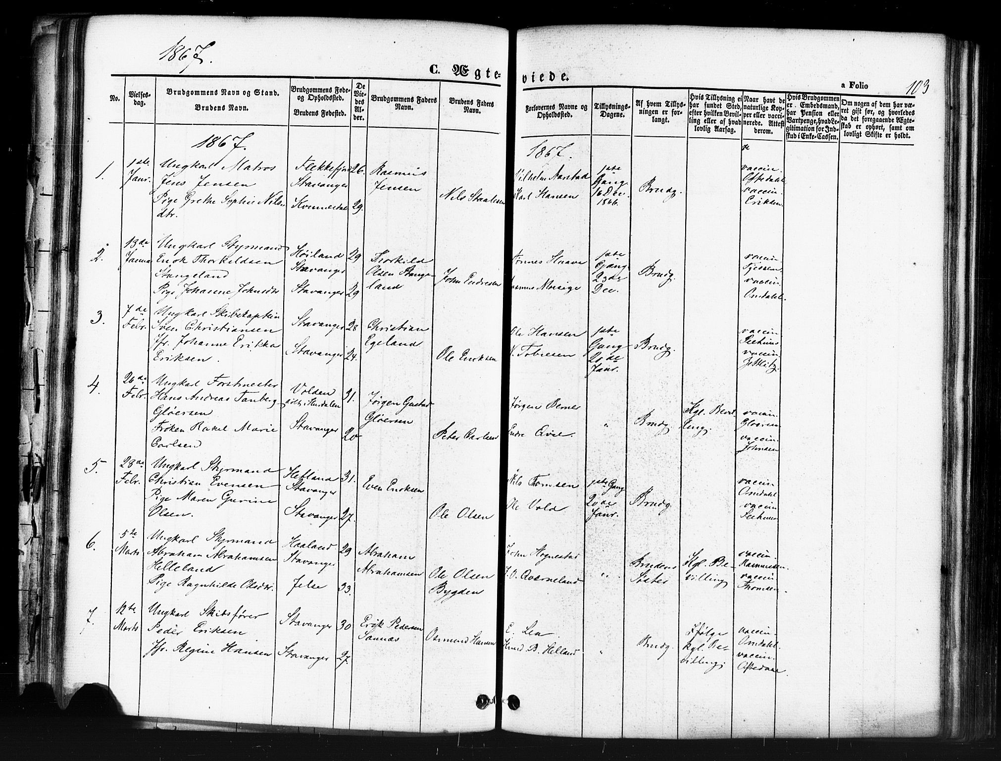Domkirken sokneprestkontor, SAST/A-101812/001/30/30BB/L0011: Parish register (copy) no. B 11, 1858-1876, p. 103