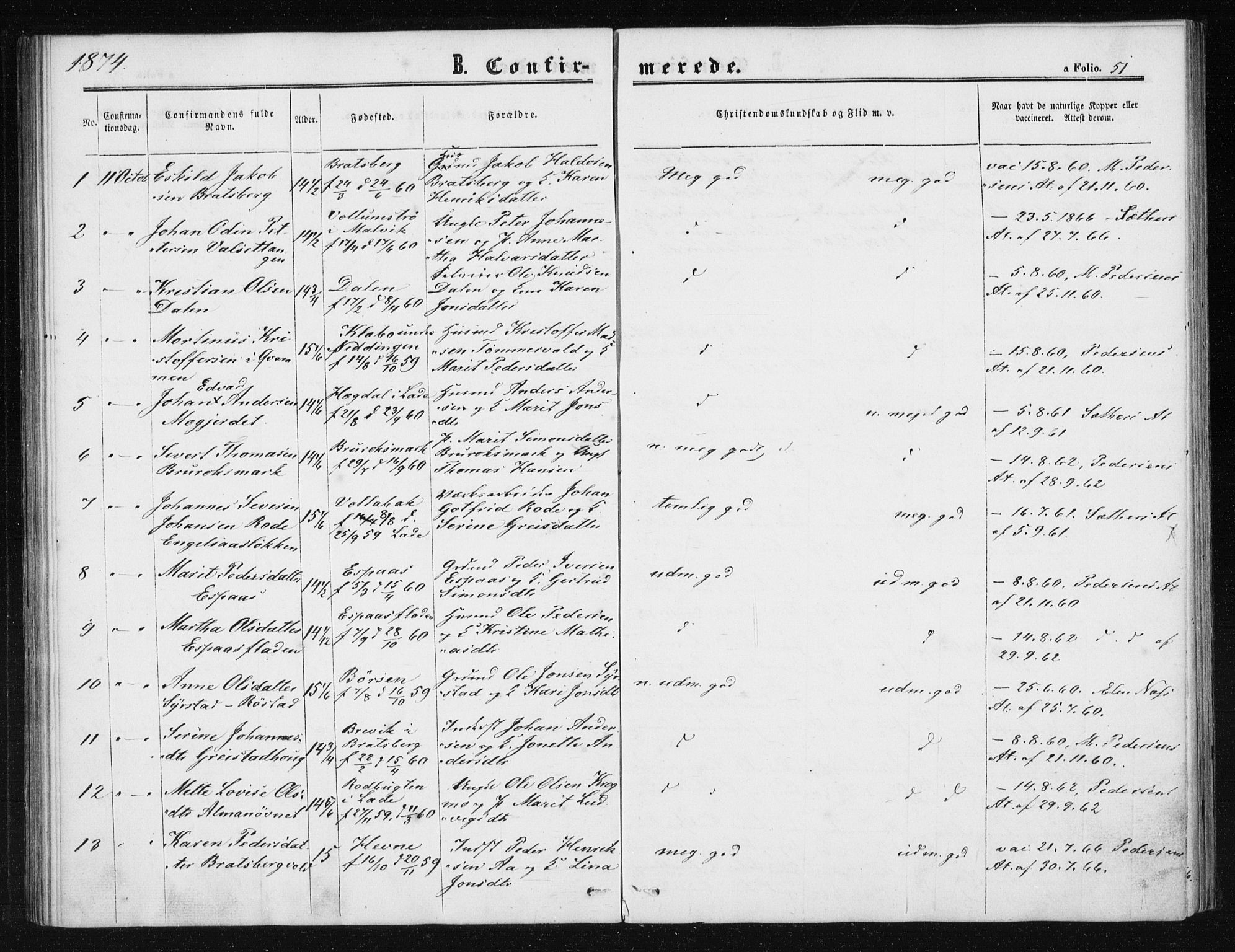 Ministerialprotokoller, klokkerbøker og fødselsregistre - Sør-Trøndelag, AV/SAT-A-1456/608/L0333: Parish register (official) no. 608A02, 1862-1876, p. 51